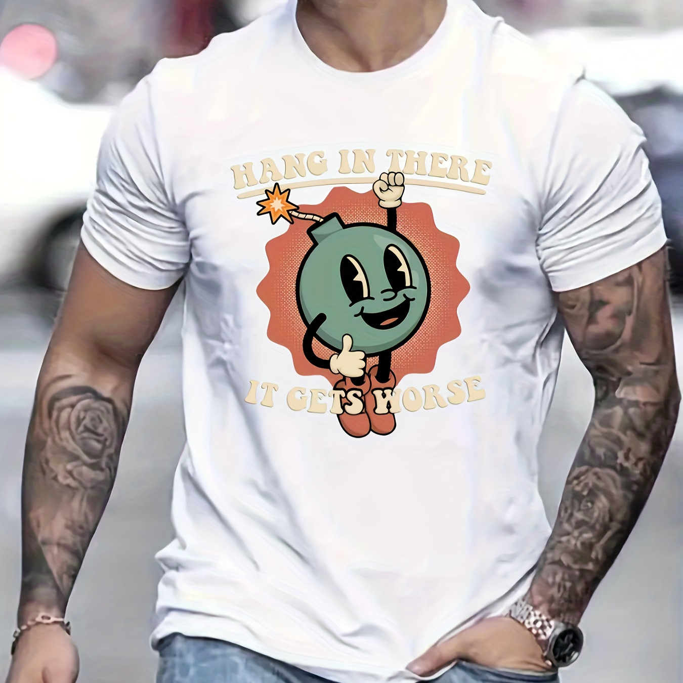 

Bomb Pattern T-shirt, Men's Casual Street Style Stretch Round Neck Tee Shirt For Summer