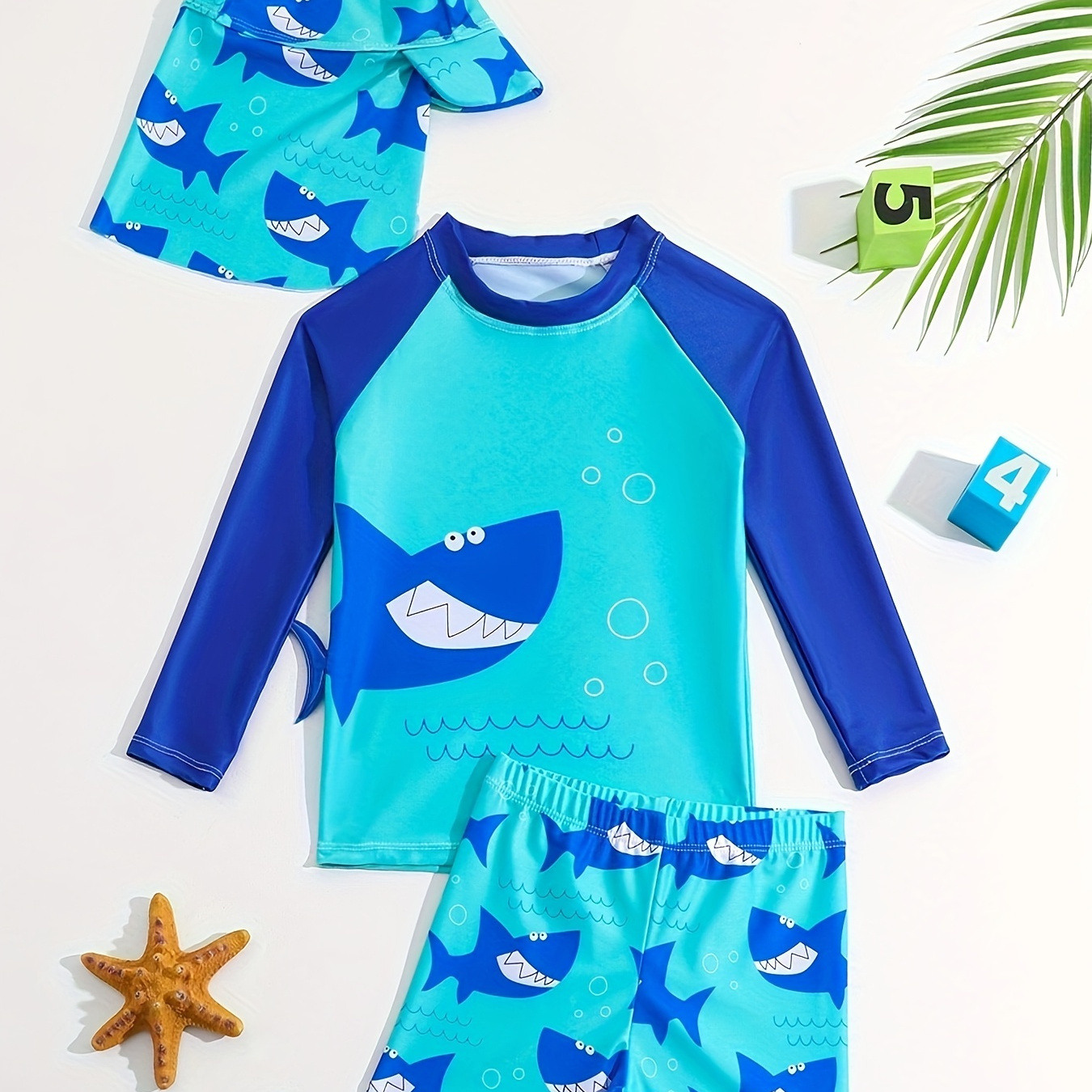 

2pcs Cartoon Shark Pattern Swimsuit For Boys, T-shirt & Swim Trunks & Swim Cap Set, Stretchy Surfing Suit, Boys Swimwear For Summer Beach Vacation