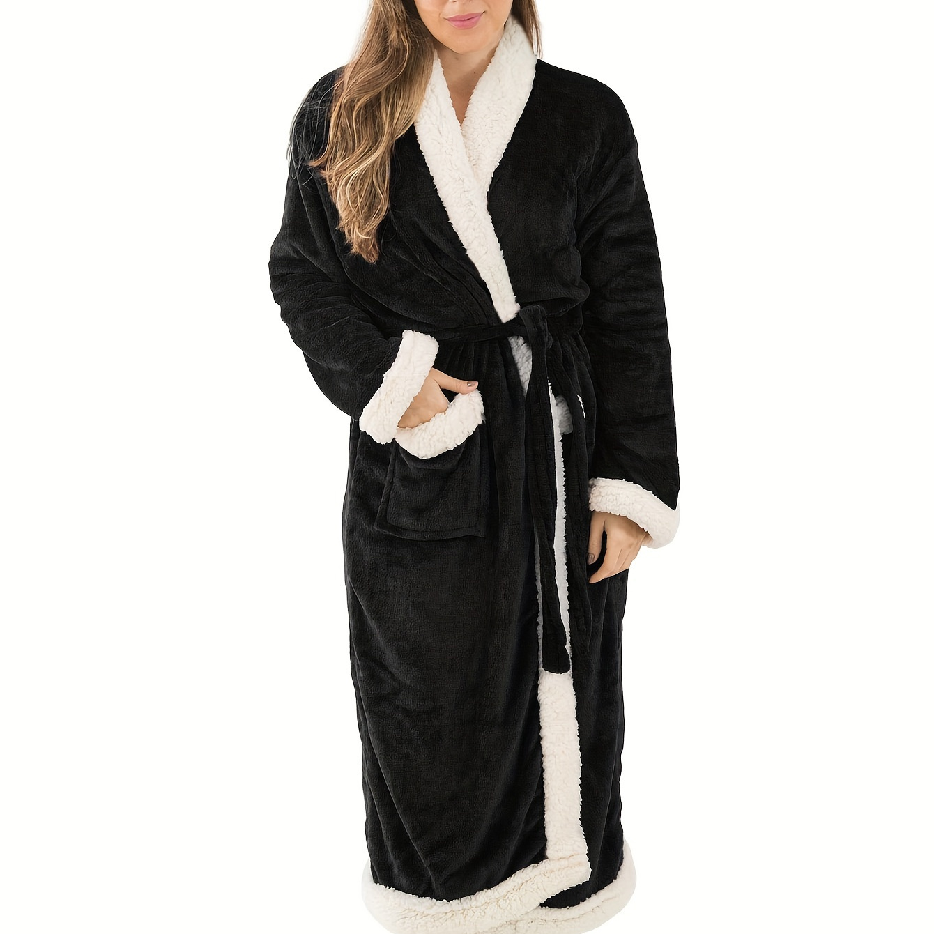 

Women's Robe Long Sherpa Plush Black Robe With Pockets And Sherpa Trim