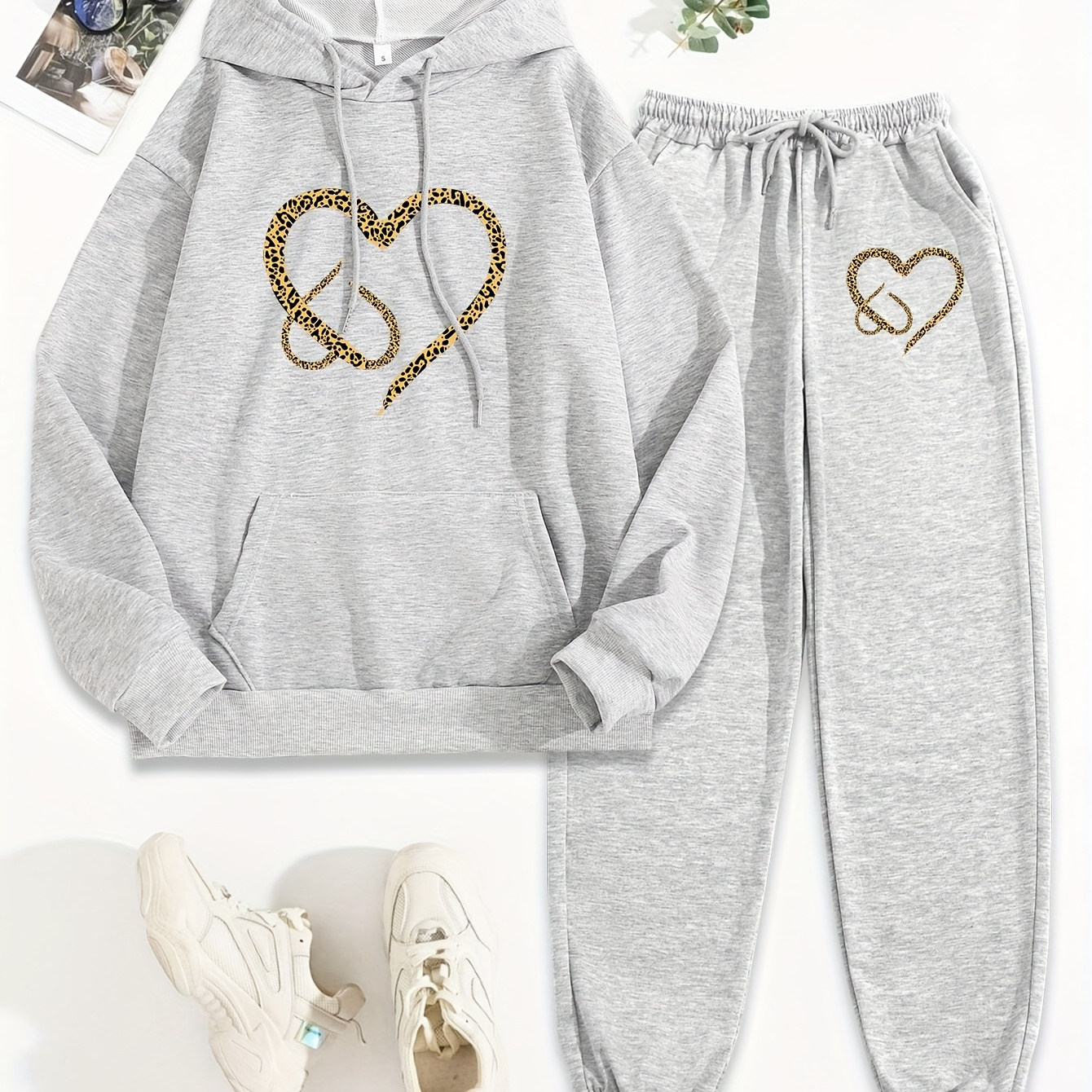 

Women's Casual Polyester Knit Two-piece Set With Heart Print Hoodie & Long Sleeve Pants - Hooded Collar, Pockets - Fall/winter Lounge Outfit