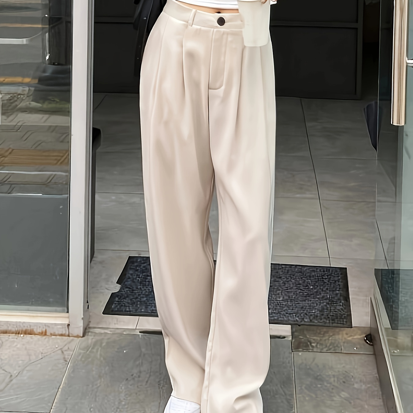 

Plus Size Ruched Solid Straight Leg Pants, Casual High Waist Pants For Spring & Fall, Women's Plus Size Clothing