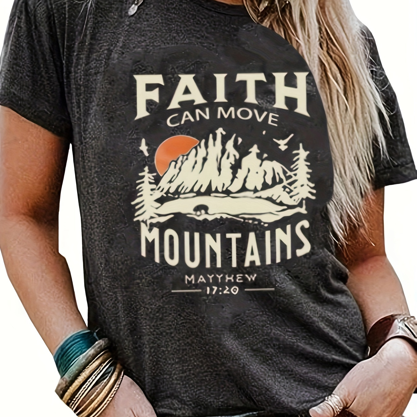 

Faith & Mountain Print T-shirt, Casual Short Sleeve Crew Neck Top, Women's Clothing