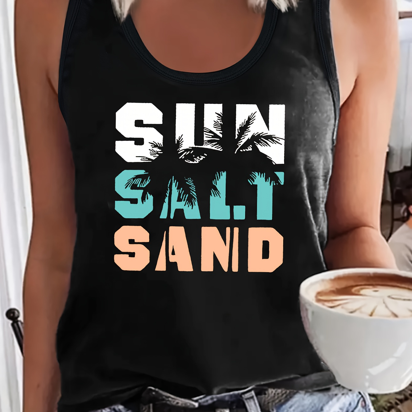 

Letter & Tree Print Tank Top, Sleeveless Casual Top For Summer & Spring, Women's Clothing