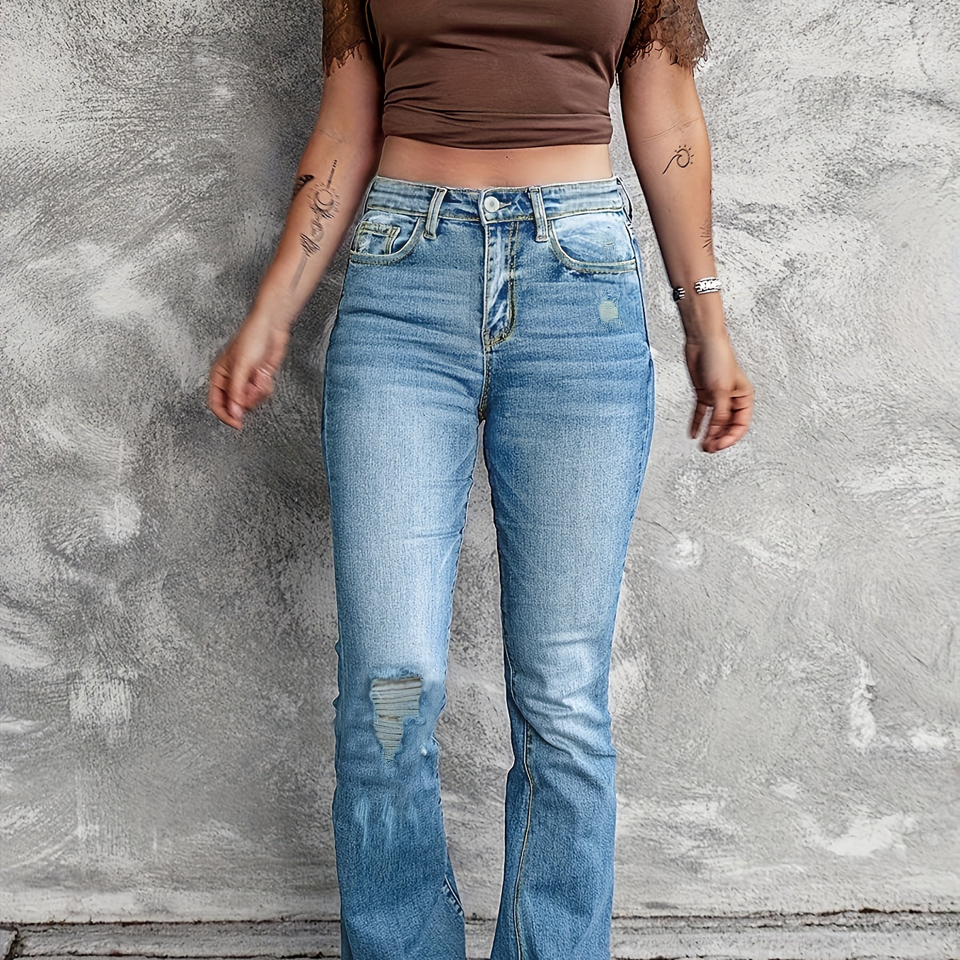 

Blue Frayed Trim Denim Pants, Ripped Holes Slant Pockets Mid Stretch Casual Bootcut Jeans, Women's Denim Jeans & Clothing