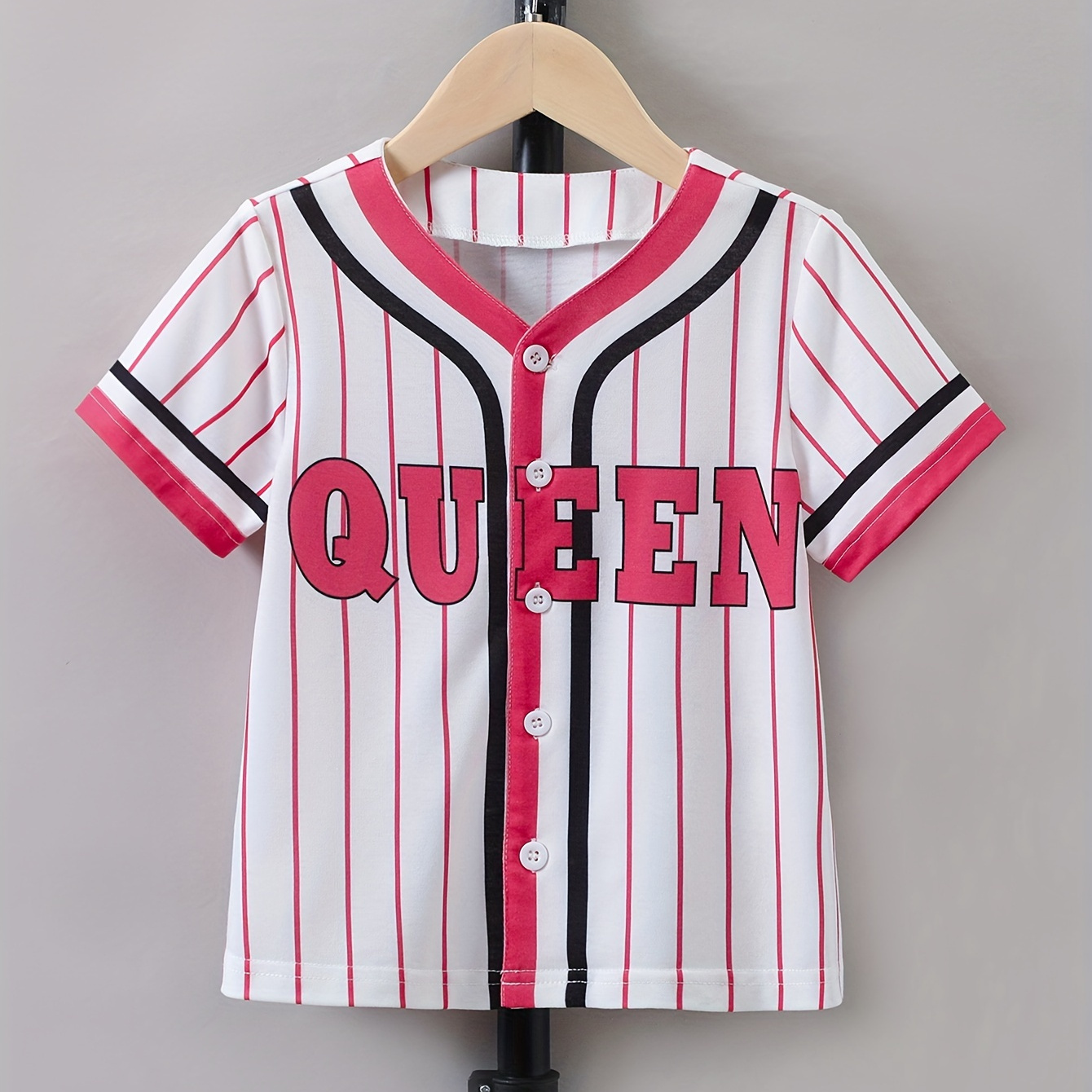 

Girls Striped Baseball Jersey With Letter Print Short Sleeve Button Down Sports Jacket Clothes