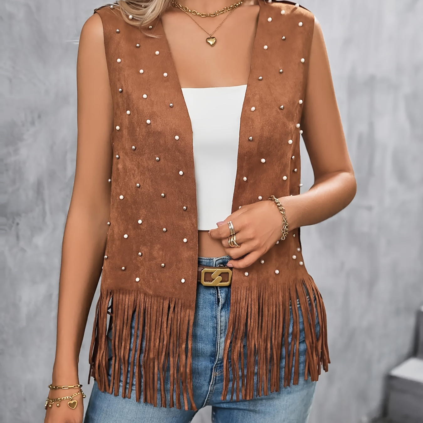 

Plus Size Casual Cardigan, Women's Plus Solid Faux Pearl Decor Faux Suede Fringe Trim Vest Cardigan