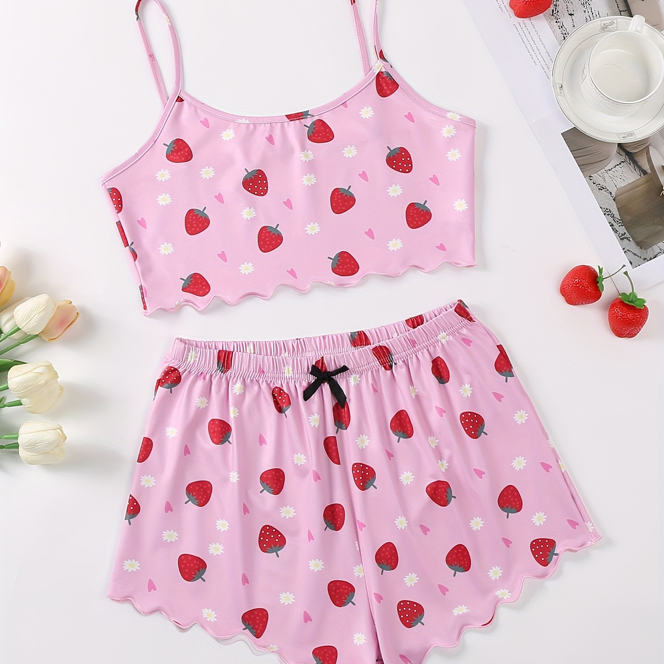 

Women's Strawberry & Polka Dot Print Frill Trim Sexy Pajama Set, Round Neck Backless Crop Cami Top & Shorts, Comfortable Relaxed Fit, Summer Nightwear