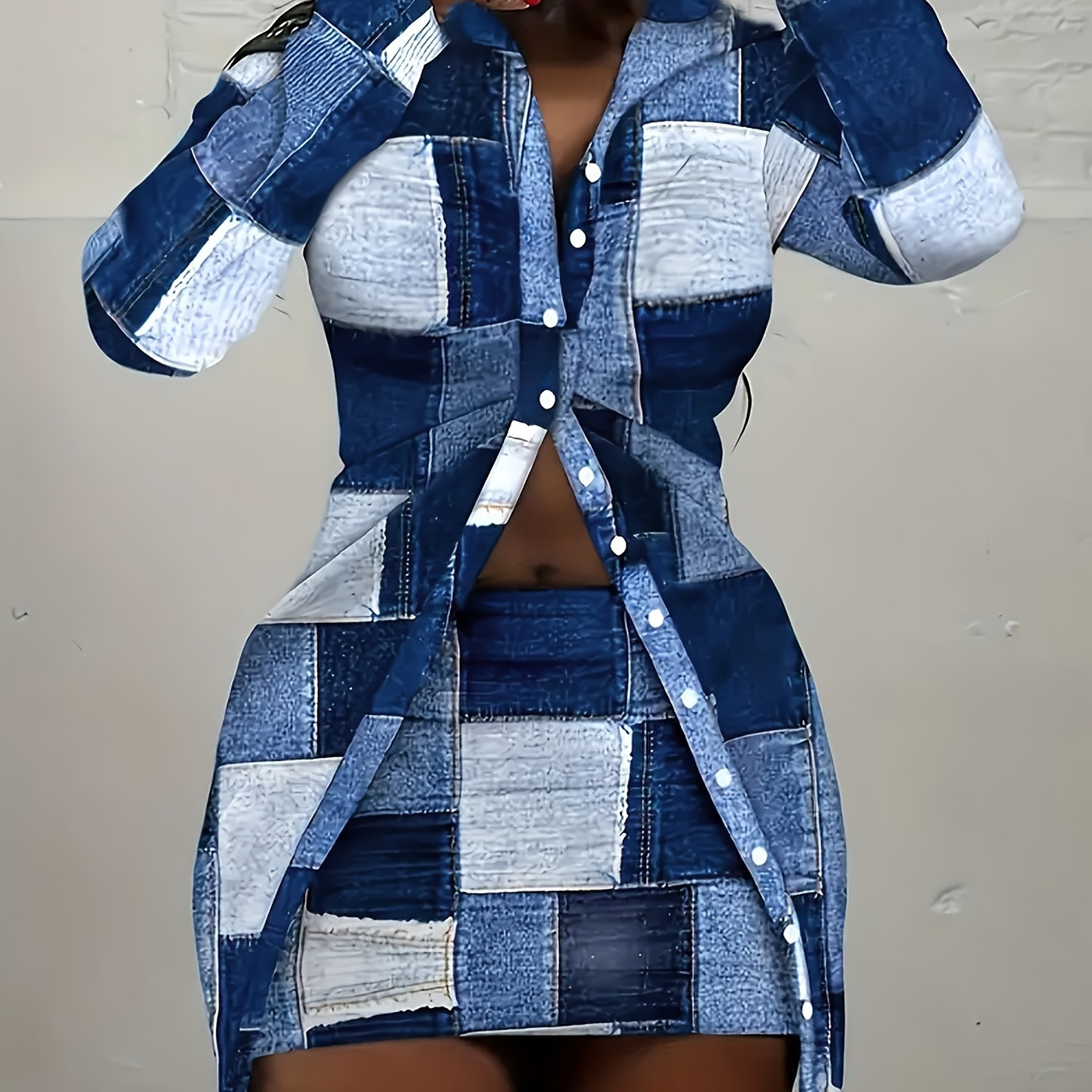 

Patchwork Print Matching Two-piece Set, Casual Denim Long Sleeve Button Front Shirt & Bodycon Skirt Outfits, Women's Clothing