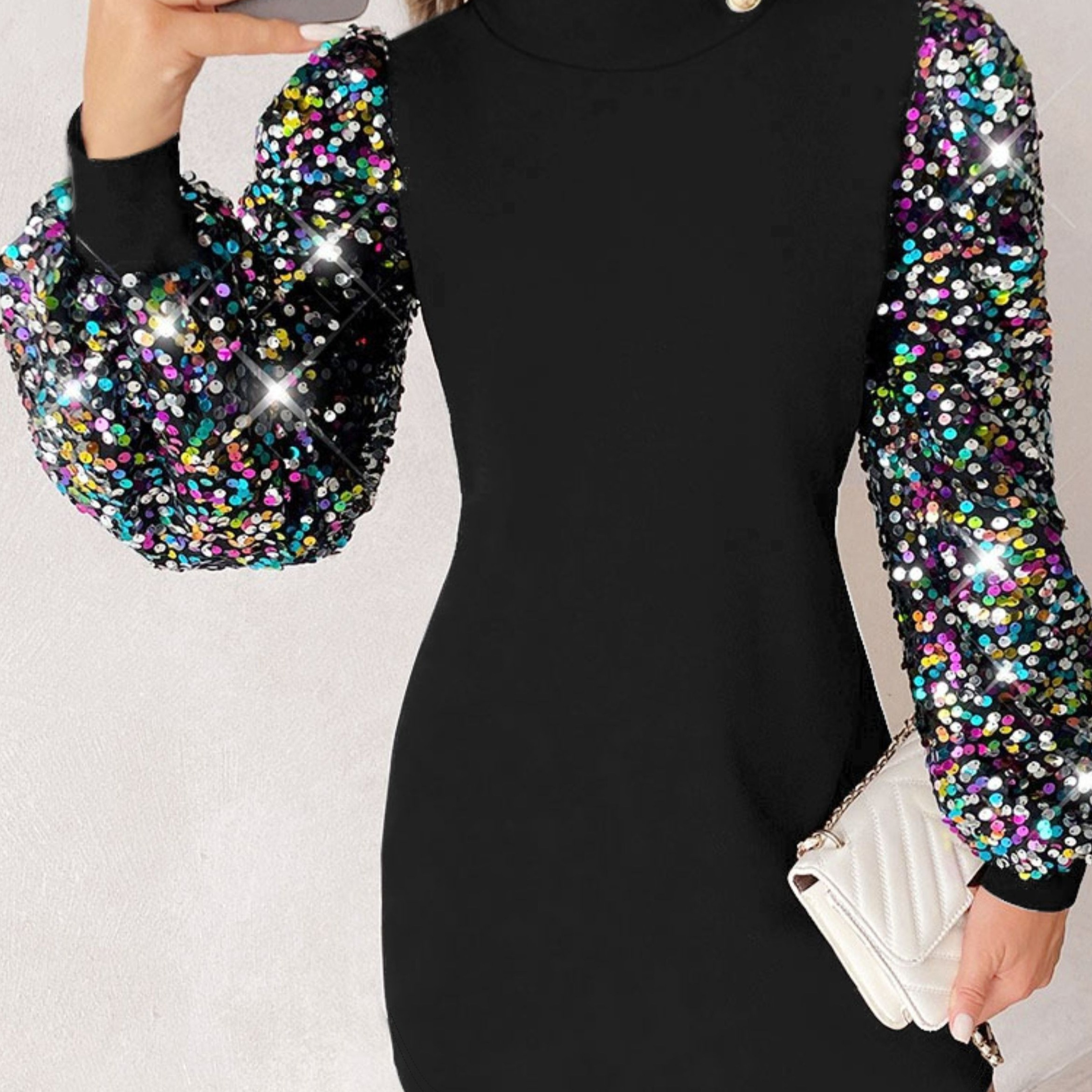 

Sequined Mock Neck Dress, Elegant Long Sleeve Dress For Spring & Fall, Women's Clothing