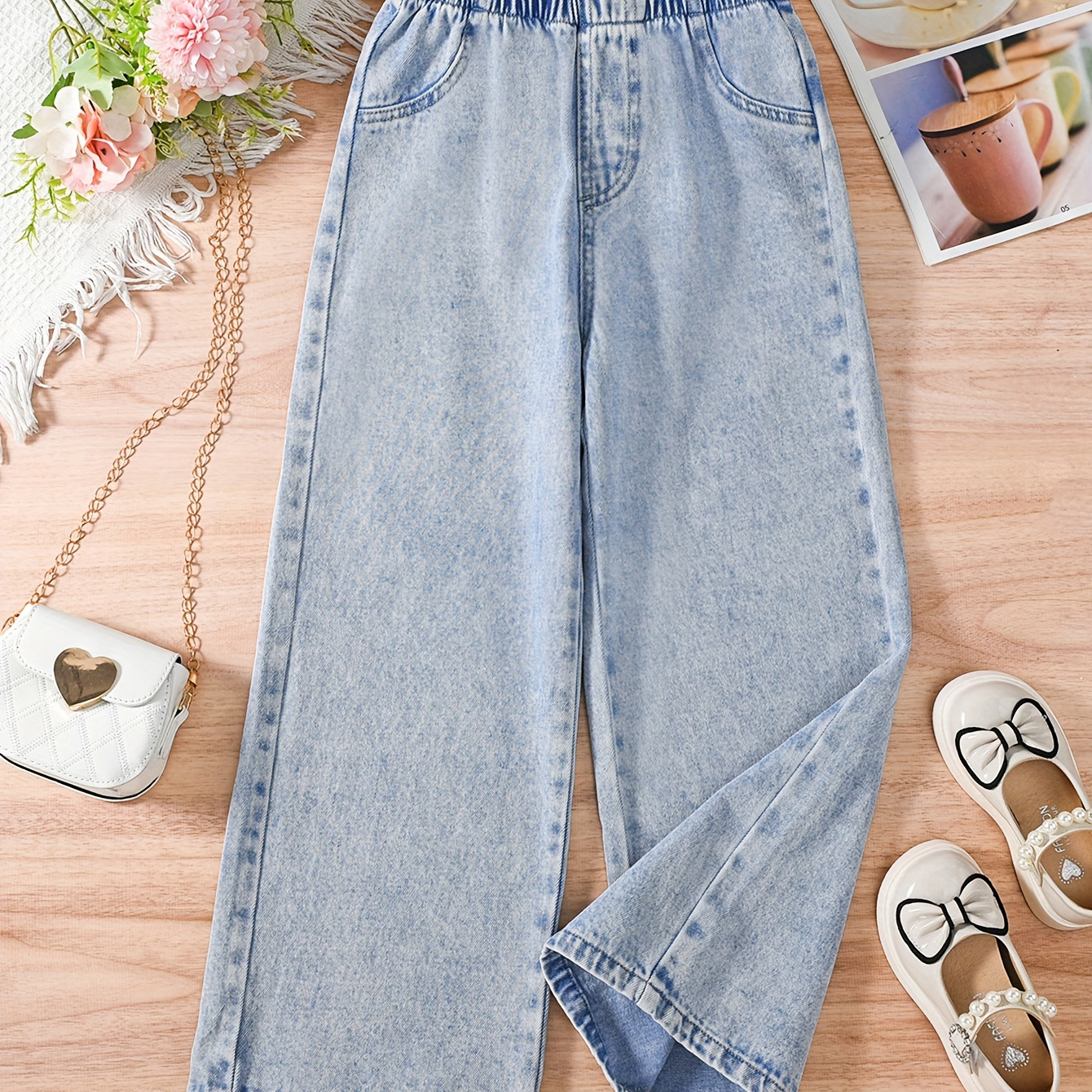 

Girls Cotton Light Washed Straight Wide Leg Casual Jeans Loose All-match, Fluid Pants