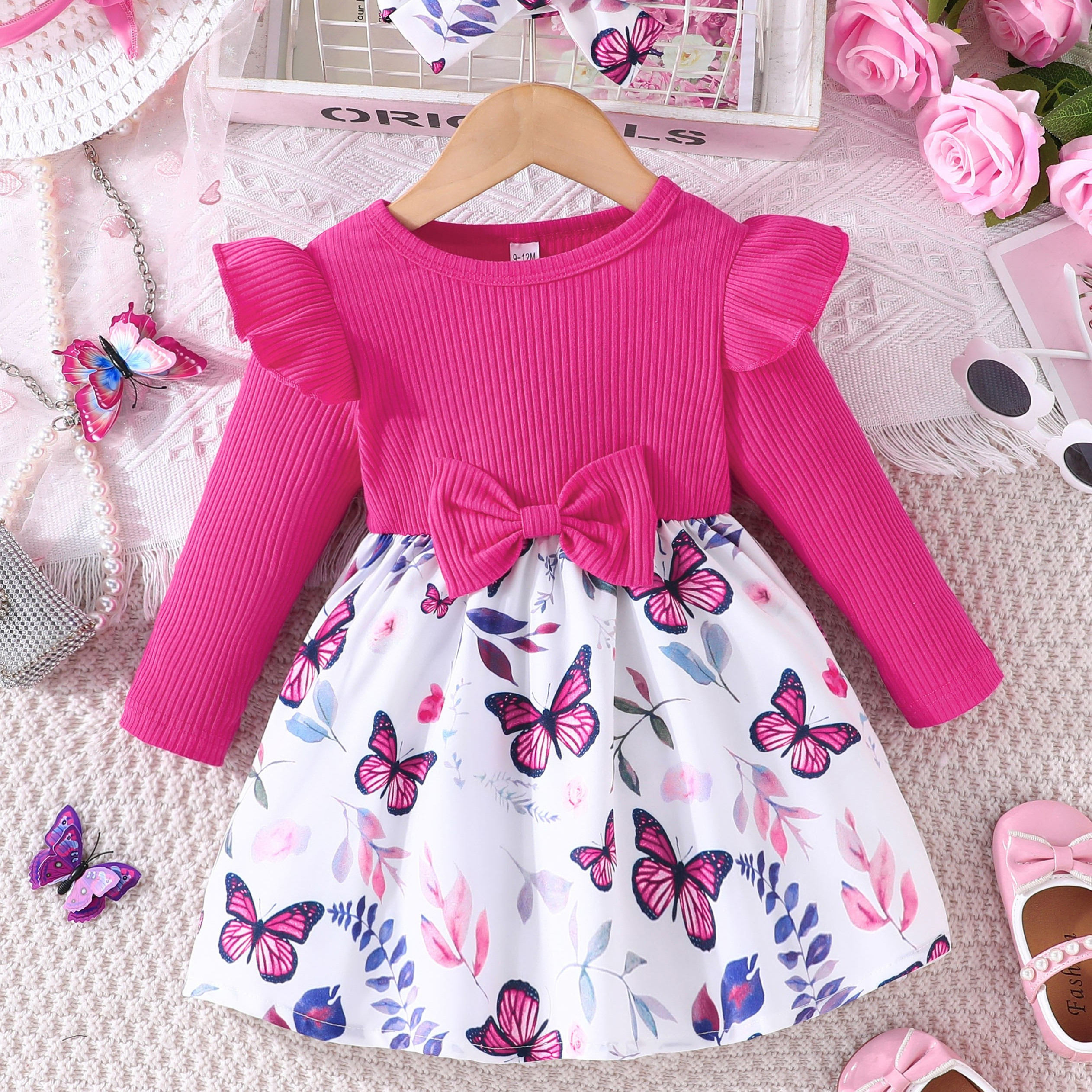 

Baby's Cartoon Butterfly Pattern Splicing Ribbed Long Sleeve Dress & Hairband Set, Infant & Toddler Girl's Clothing For Daily Wear/holiday/party, As Gift