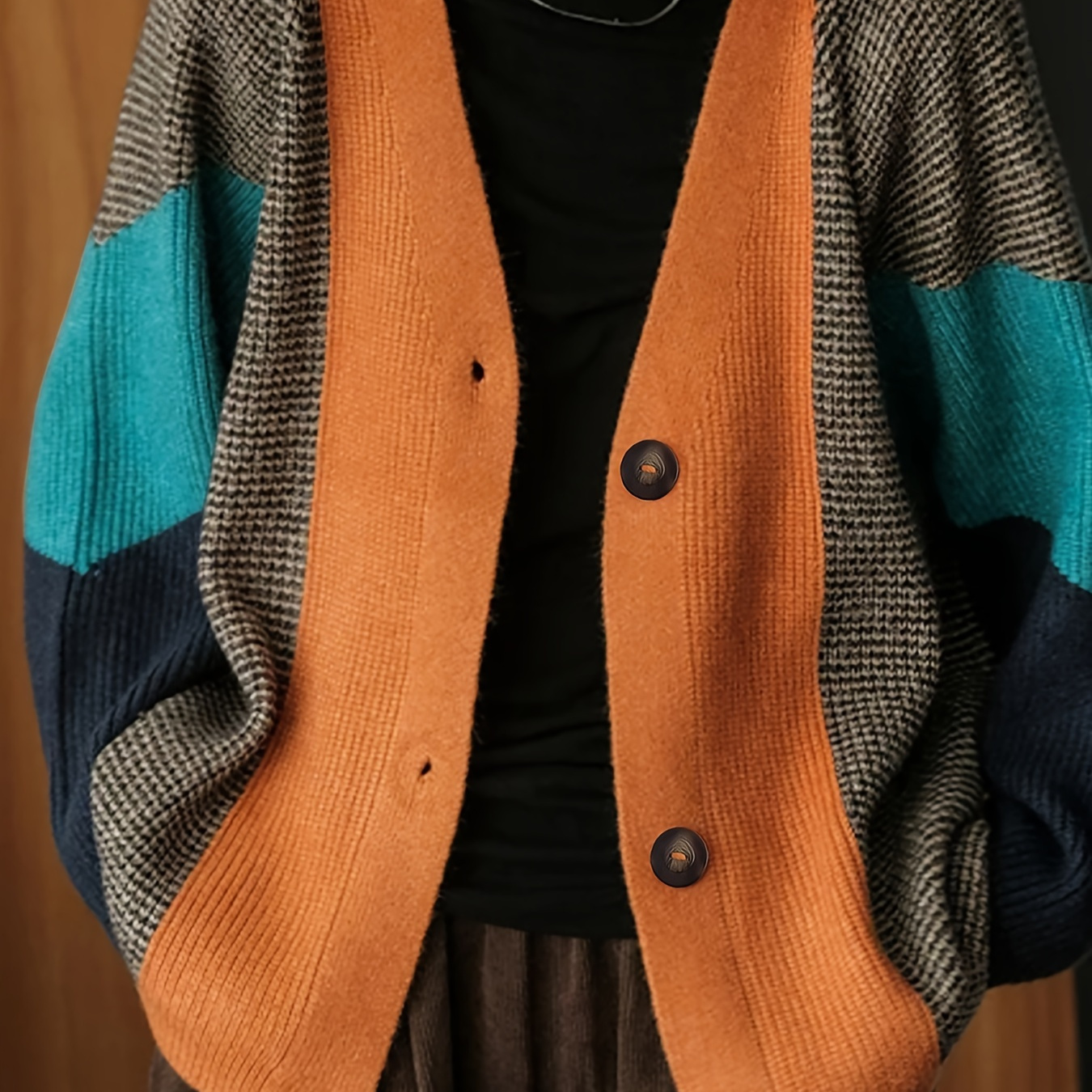 

Pull en tricot à épaules tombantes et blocs de couleurs, élégant haut à manches longues et boutons sur le devant pour le printemps et l'automne, vêtements pour femmes.