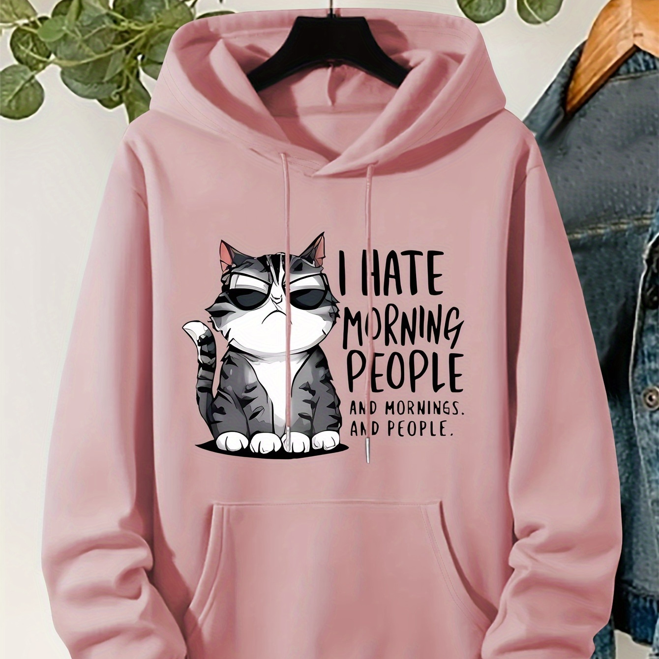 

Plus Size Cat Print Drawstring Hoodie, Warm Fleece Lined Long Sleeve Sweatshirt For Fall & Winter, Women's Plus Size Clothing