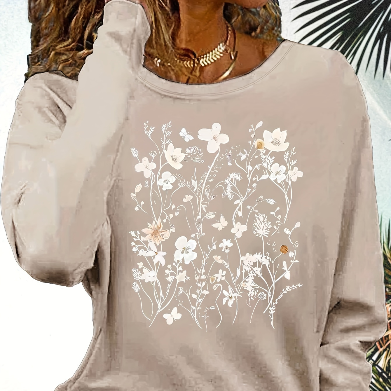 

T-shirt à manches longues avec appliques florales pour femmes, en polyester tricoté, coupe skinny, col rond, haut décontracté, longueur régulière, pull pour /hiver - Vêtements de style décontracté