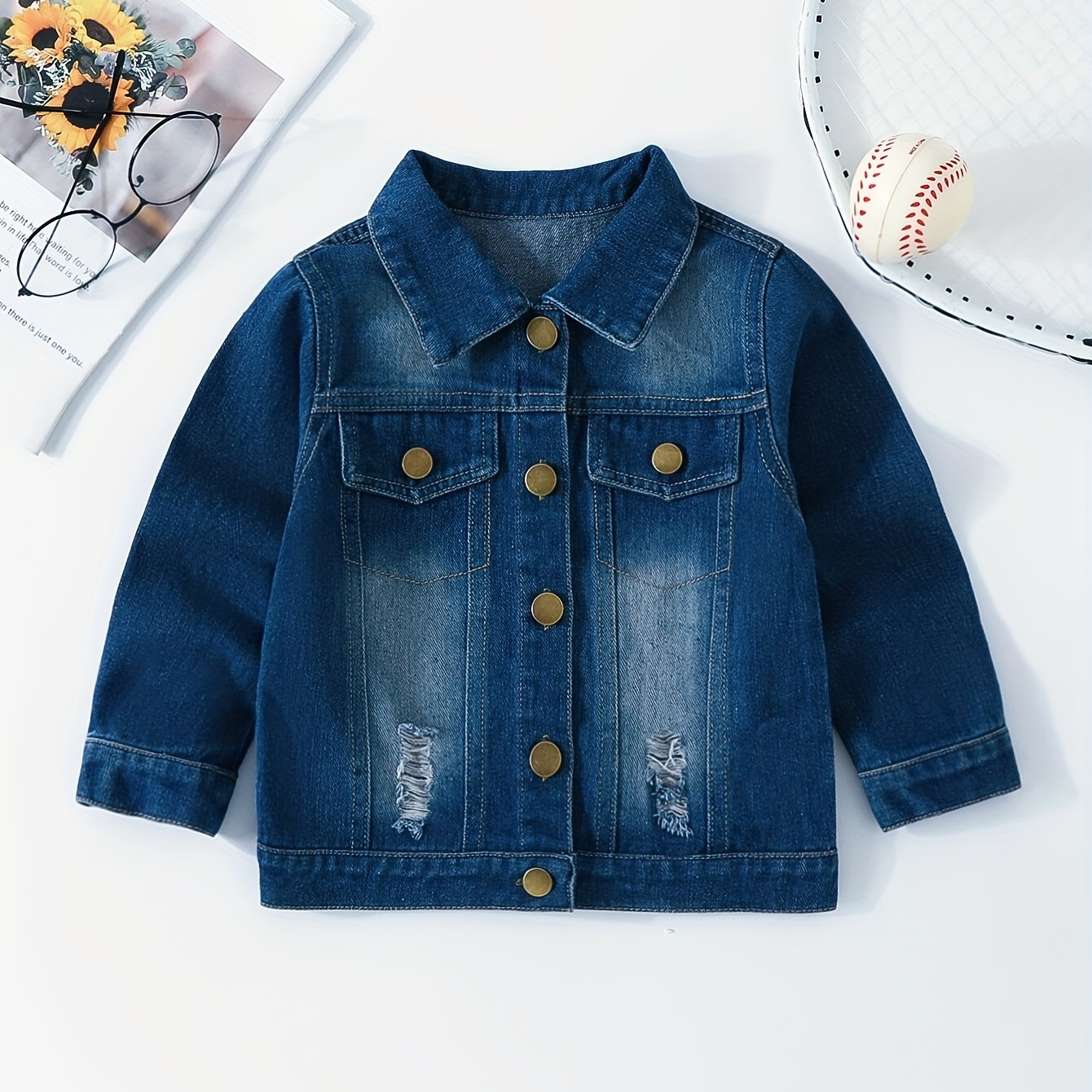 

Girl Ripped Denim Jacket, Casual & Versatile Staple Piece For Toddler Kids, Spring/ Autumn