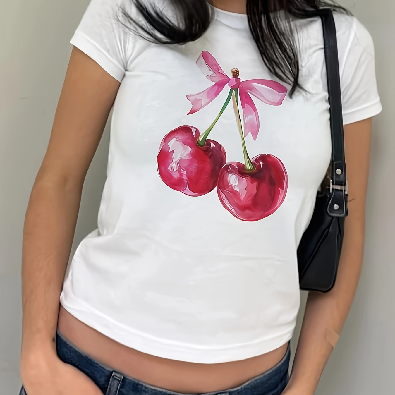 

Cherry Print T-shirt, Short Sleeve Crew Neck Casual Top For Summer & Spring, Women's Clothing