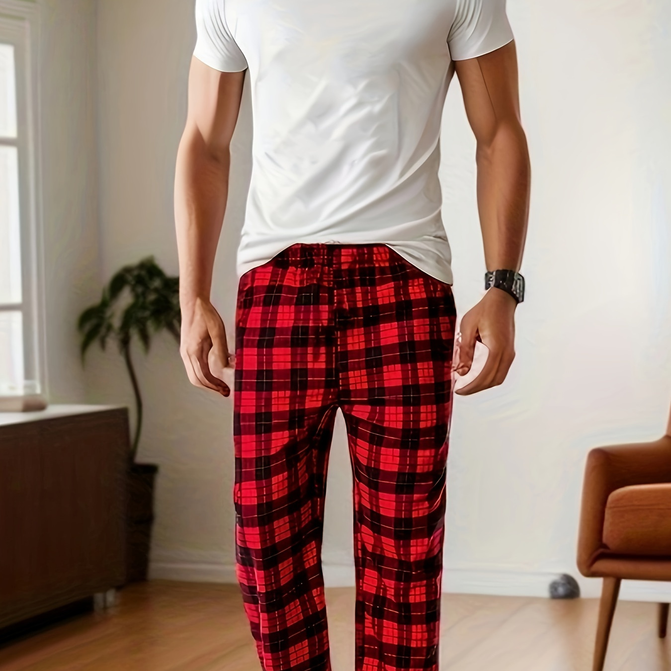 

Men's Casual Plaid Pattern Multi Color Loungewear Sleepwear Trousers With Side Pockets, Comfy Long Pajama Pants