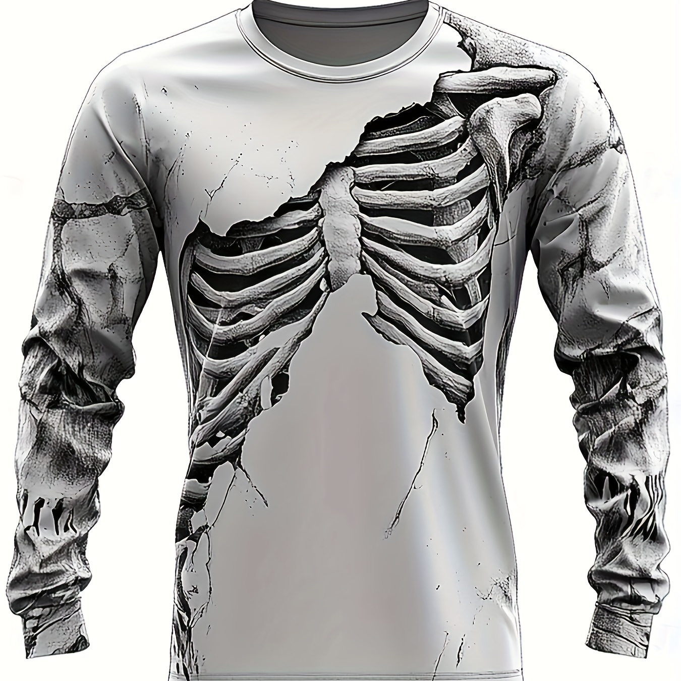 

Men's 3d Bone Print Long Sleeve T-shirt - Casual, Breathable Polyester, Crew Neck, Fall/winter