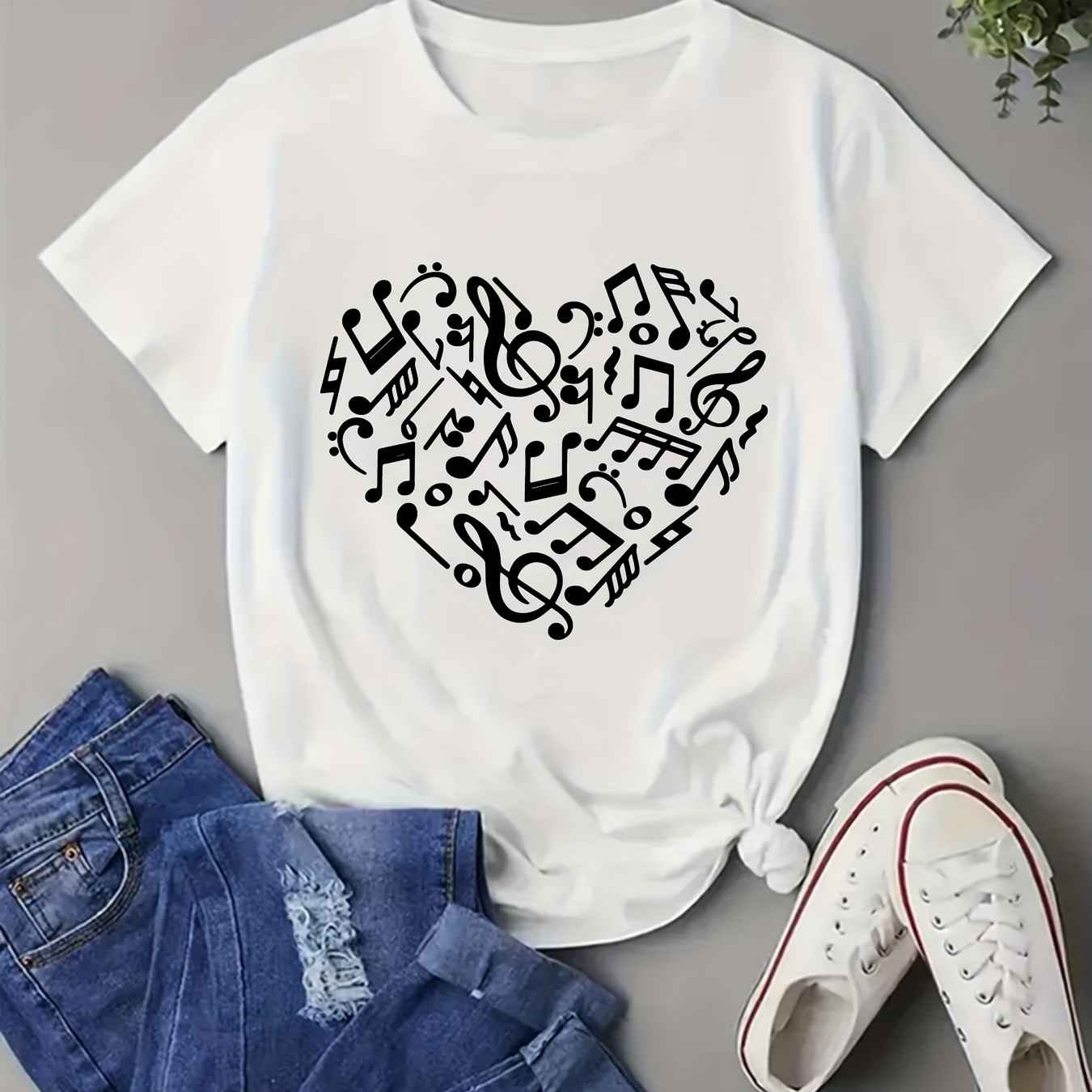 

Music Notes Print T-shirt, Short Sleeve Crew Neck Casual Top For Summer & Spring, Women's Clothing