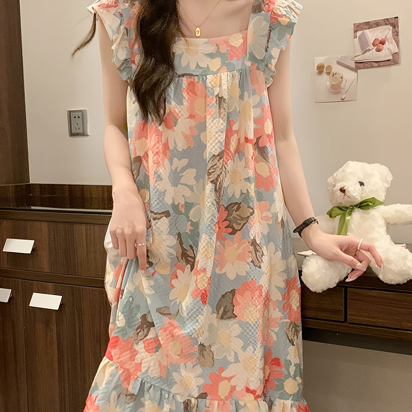 

Women's Floral Print Sweet Textured Sleepwear Dress, Ruffle Sleeve Square Neck Ruffle Hem Loose Fit Dress, Comfortable Nightgown