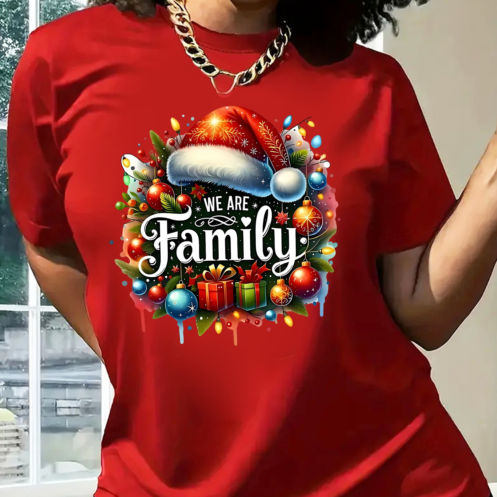 

1pc T-shirt à manches courtes et col rond imprimé famille de Noël pour femme, style décontracté en tissu polyester tricoté, coupe standard en de H pour toutes les .