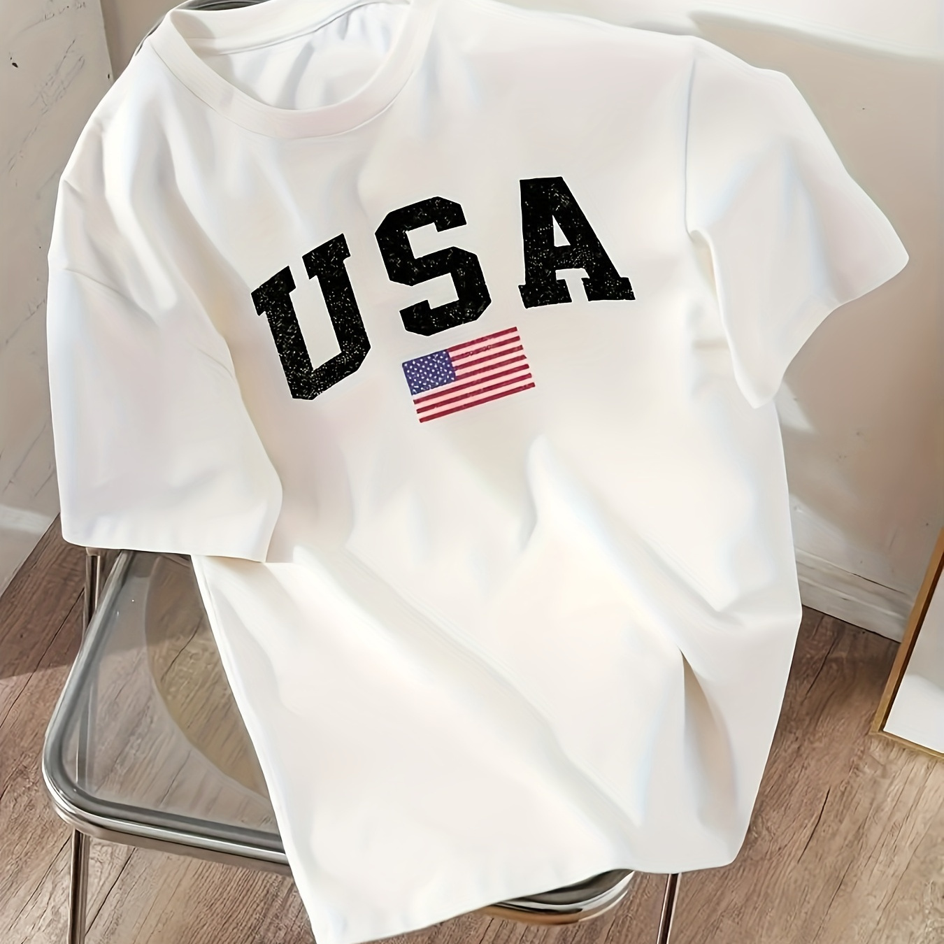 

Women's Patriotic Usa Flag Letter Print T-shirt - Casual Round Neck, Short Sleeve, 100% Polyester Top - Machine Washable, Semi-sheer For All