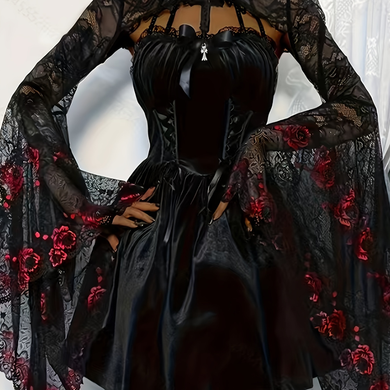 

Gothic Style Lace Open Front Cape, Flare Sleeve Shawl Top For Party & Cosplay, Women's Clothing