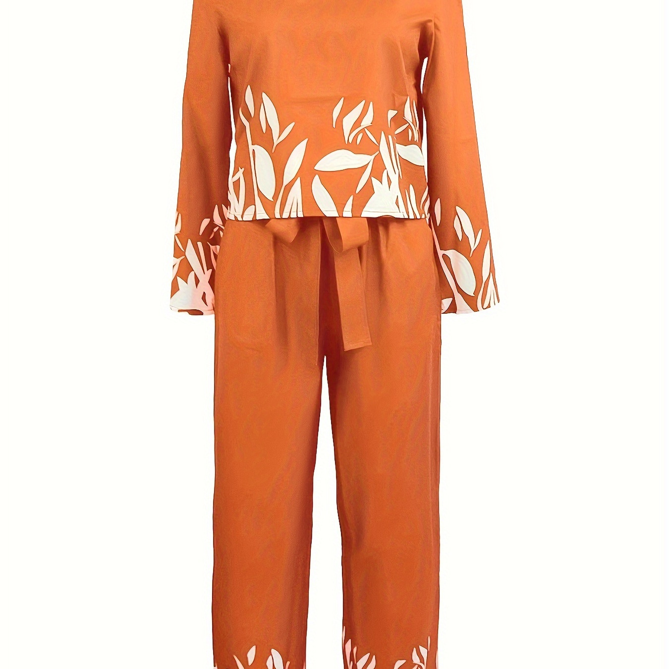 

Casual Floral Neck Women's Pantsuit With Pockets, 100% Polyester Woven Fabric - Elegant Outfit