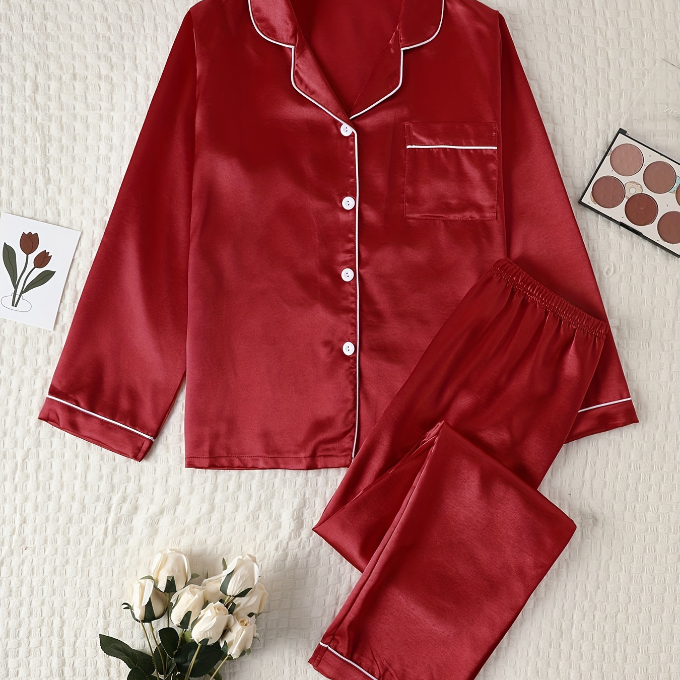 

High Quality Solid Color Satin Pajama Set For Autumn And Winter, Comfortable Long Sleeved Top And Comfortable Waistband Pants.