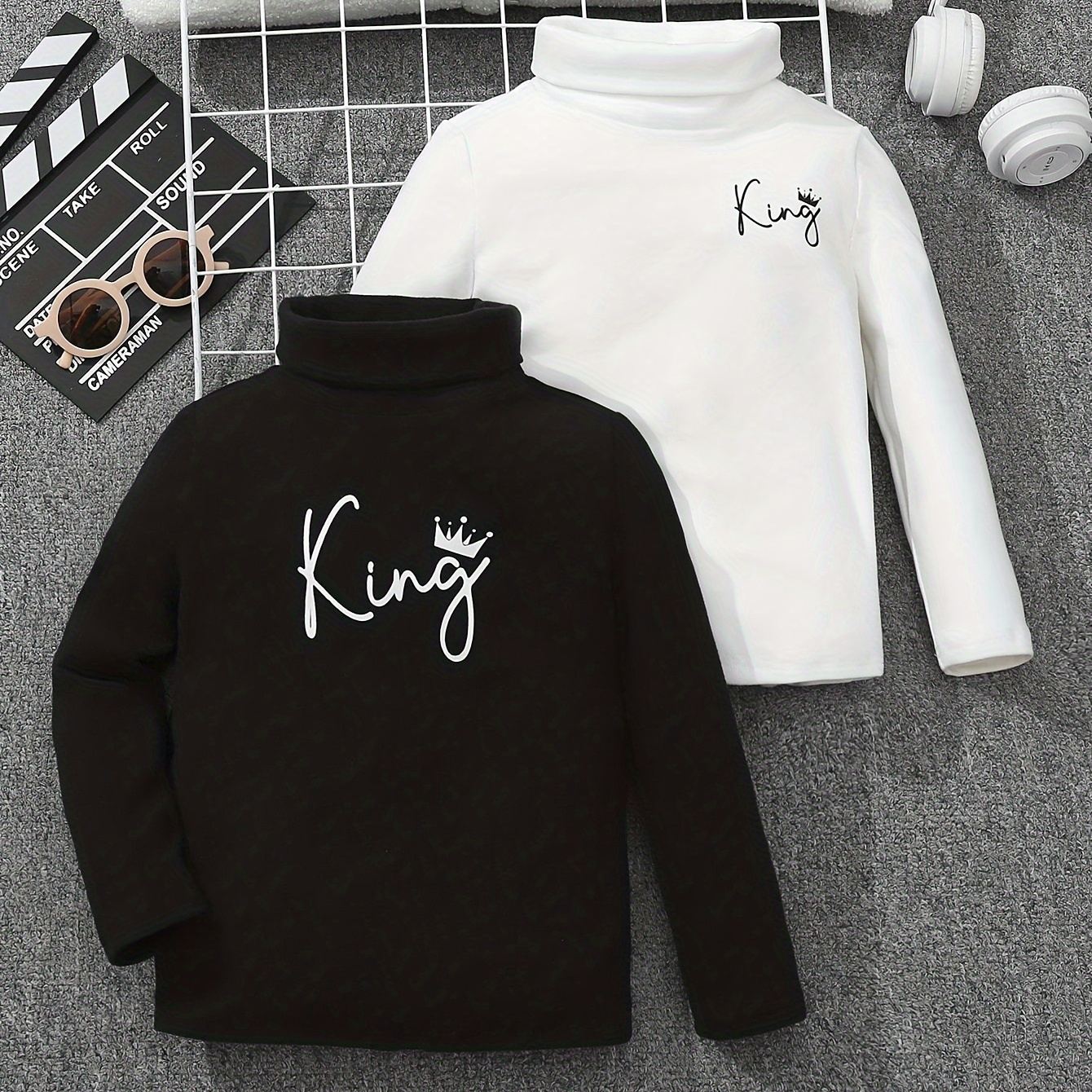 

2pcs Boys King Letter Print Knit Long Sleeve Half Turtleneck Top, Casual Long Sleeve T-shirt For Spring Fall Winter, Tops As Gifts