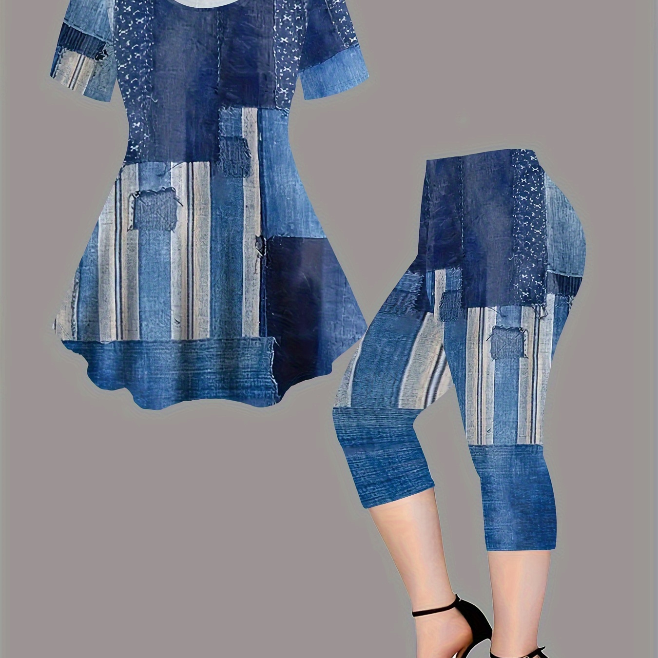 

Patchwork Print Summer & Spring Casual Leggings Set, Crew Neck Short Sleeve Top & Leggings Outfits, Women's Clothing