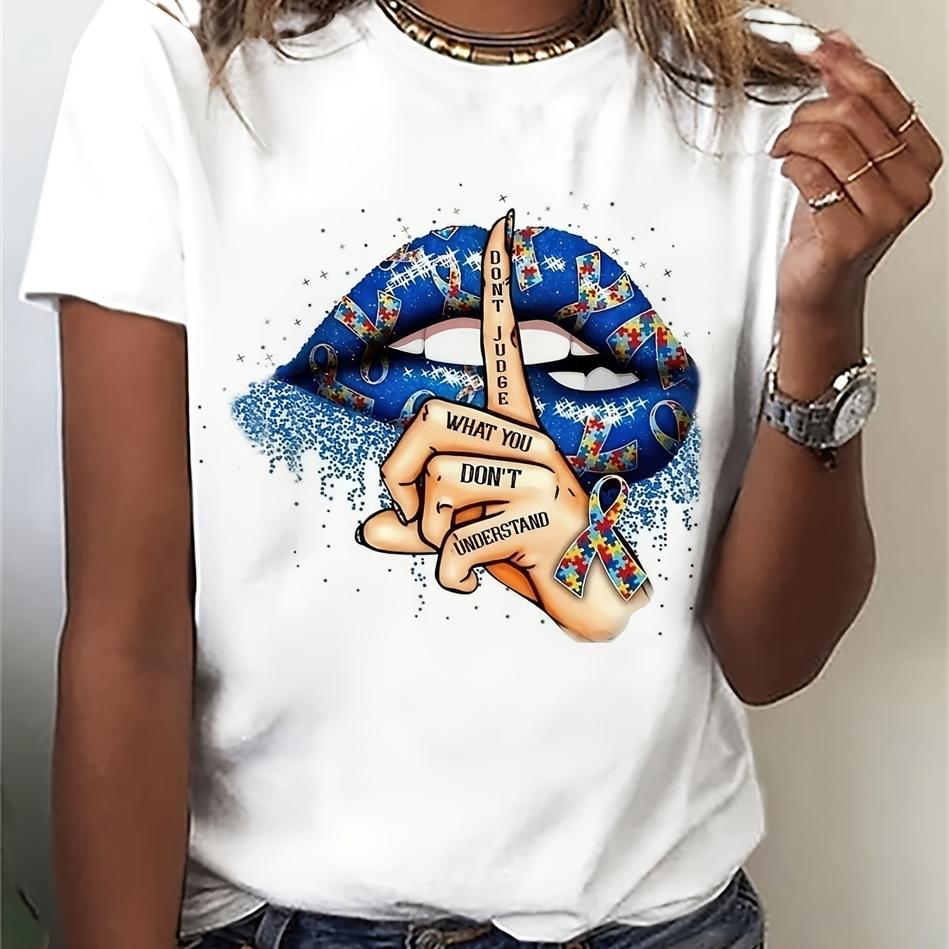 

Lips Print T-shirt, Casual Short Sleeve Crew Neck Top For Spring & Summer, Women's Clothing