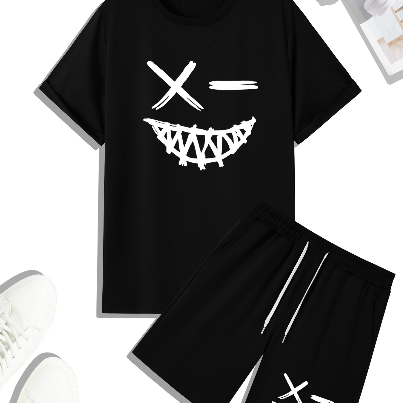 

Men's Outfit Set, Smile Face Graphic Tee & Drawstring Shorts, Teenager 2 In 1 Sports Wear For Summer Gym Workout Outdoor Jogging