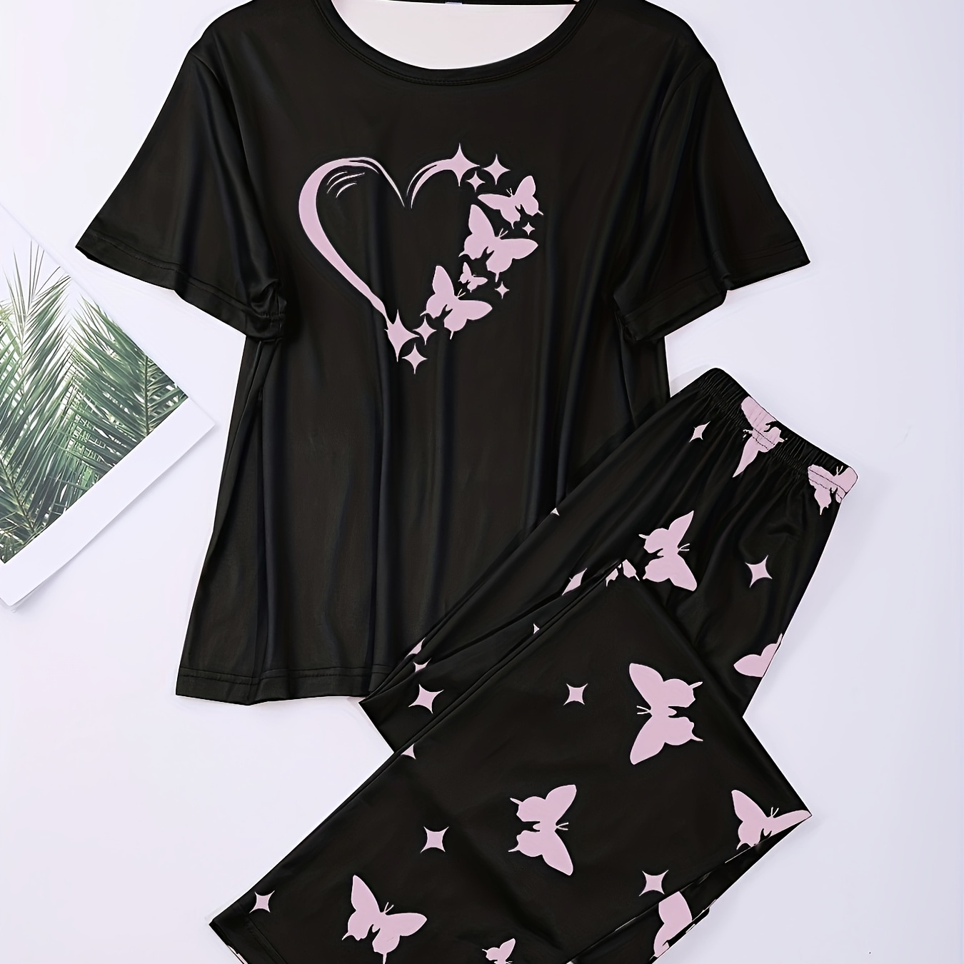 

Heart & Butterfly Print Pajama Set, Comfort Short Sleeve Top & Loose Long Pants, Women's Loungewear & Sleepwear