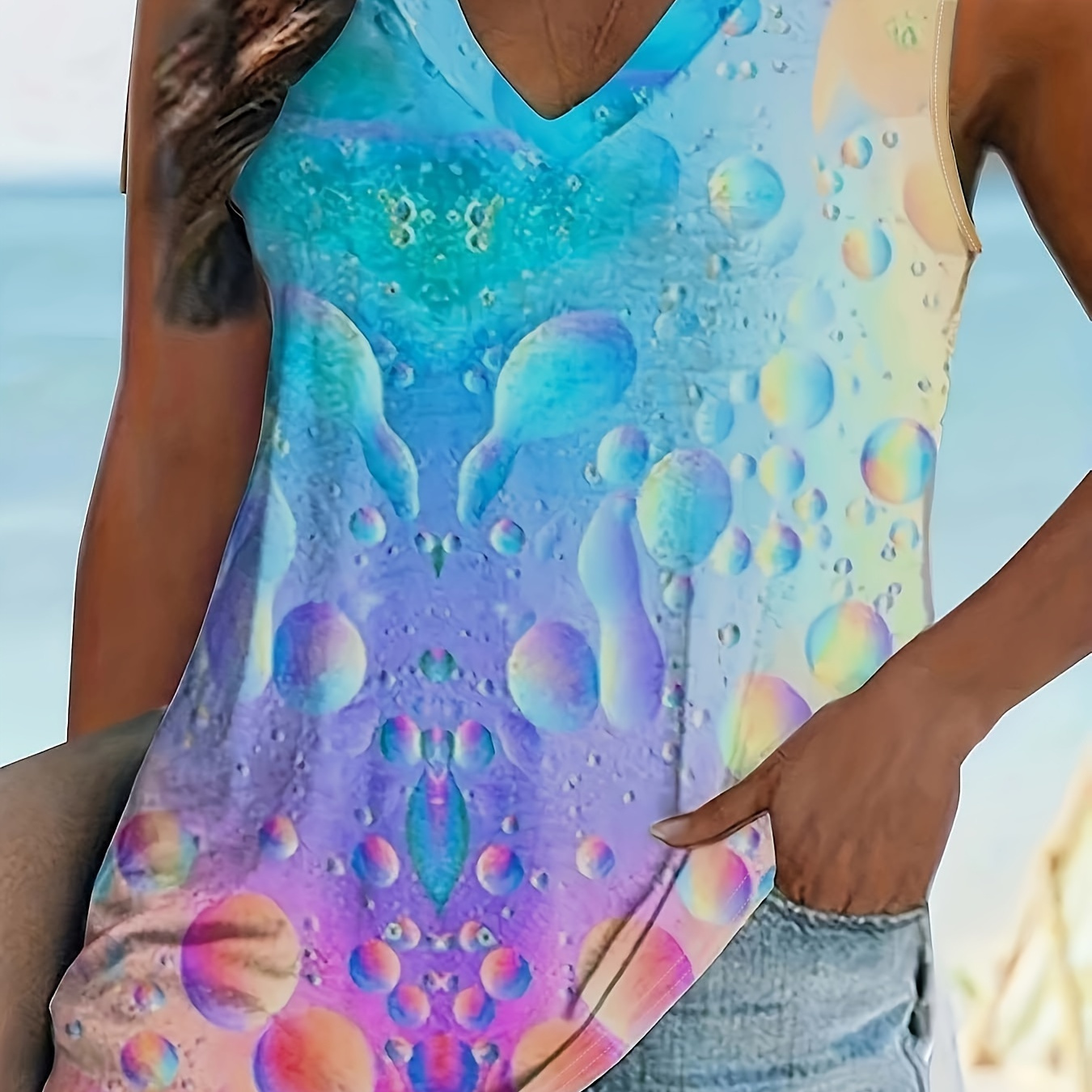 

Bubble Gradient Print Sleeveless Top, Casual V Neck Summer Top, Women's Clothing