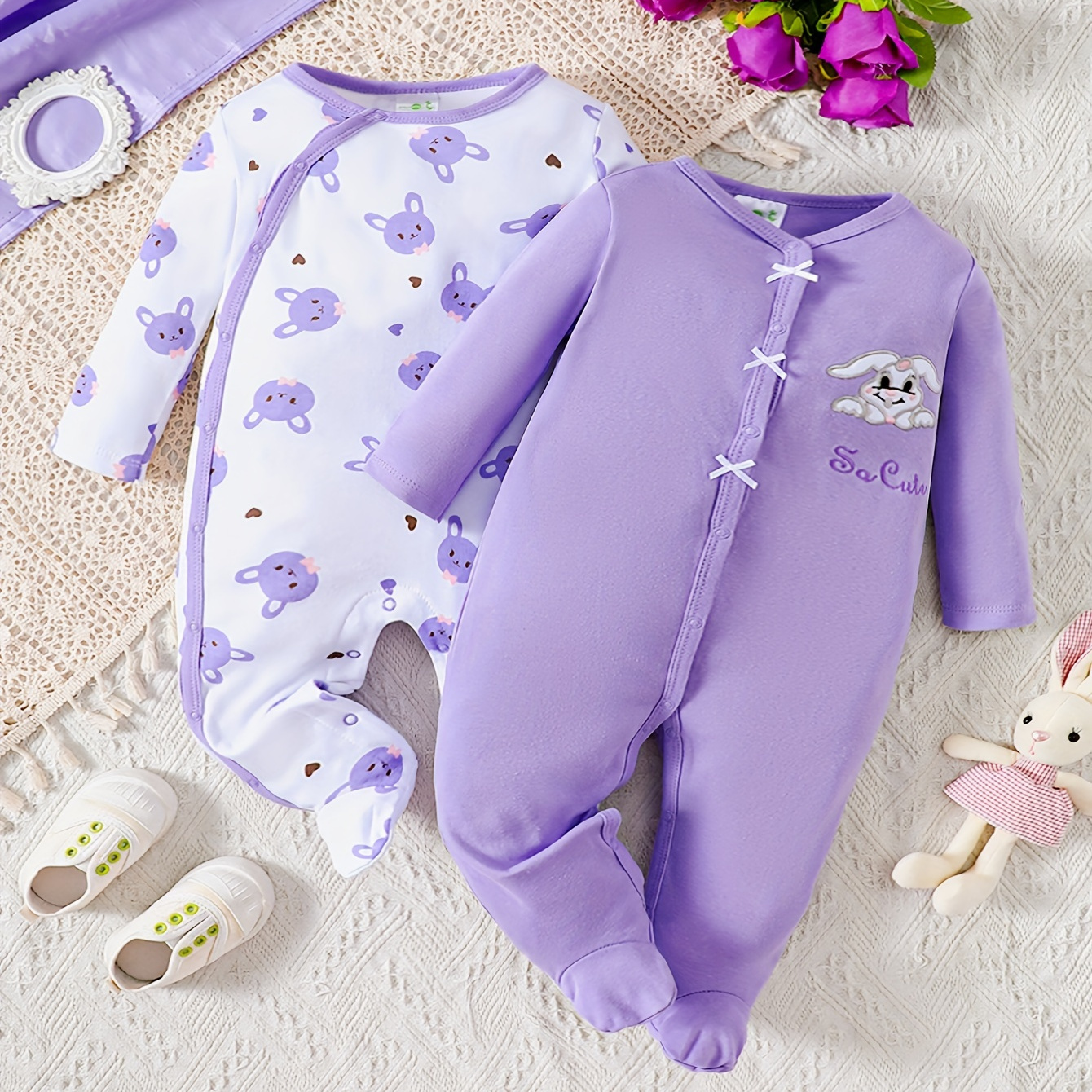 

Baby Cute Bunny Graphic & Comfy Cotton Jumpsuits 2pcs/set For Boys And Girls, Footed Onesies, Toddler's Cute Bodysuit Set