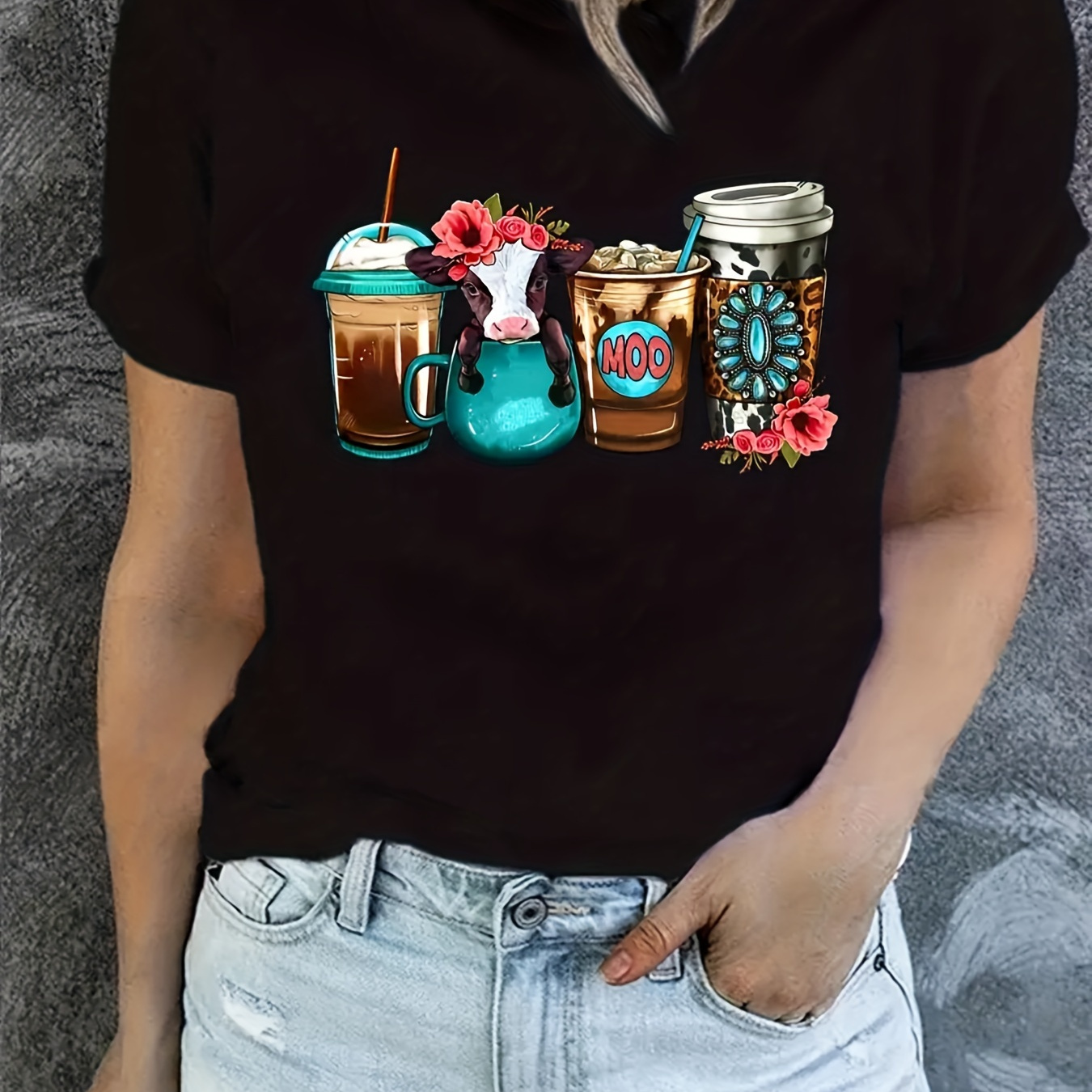 

Plus Size Drink Print T-shirt, Casual Short Sleeve Top For Spring & Summer, Women's Plus Size Clothing