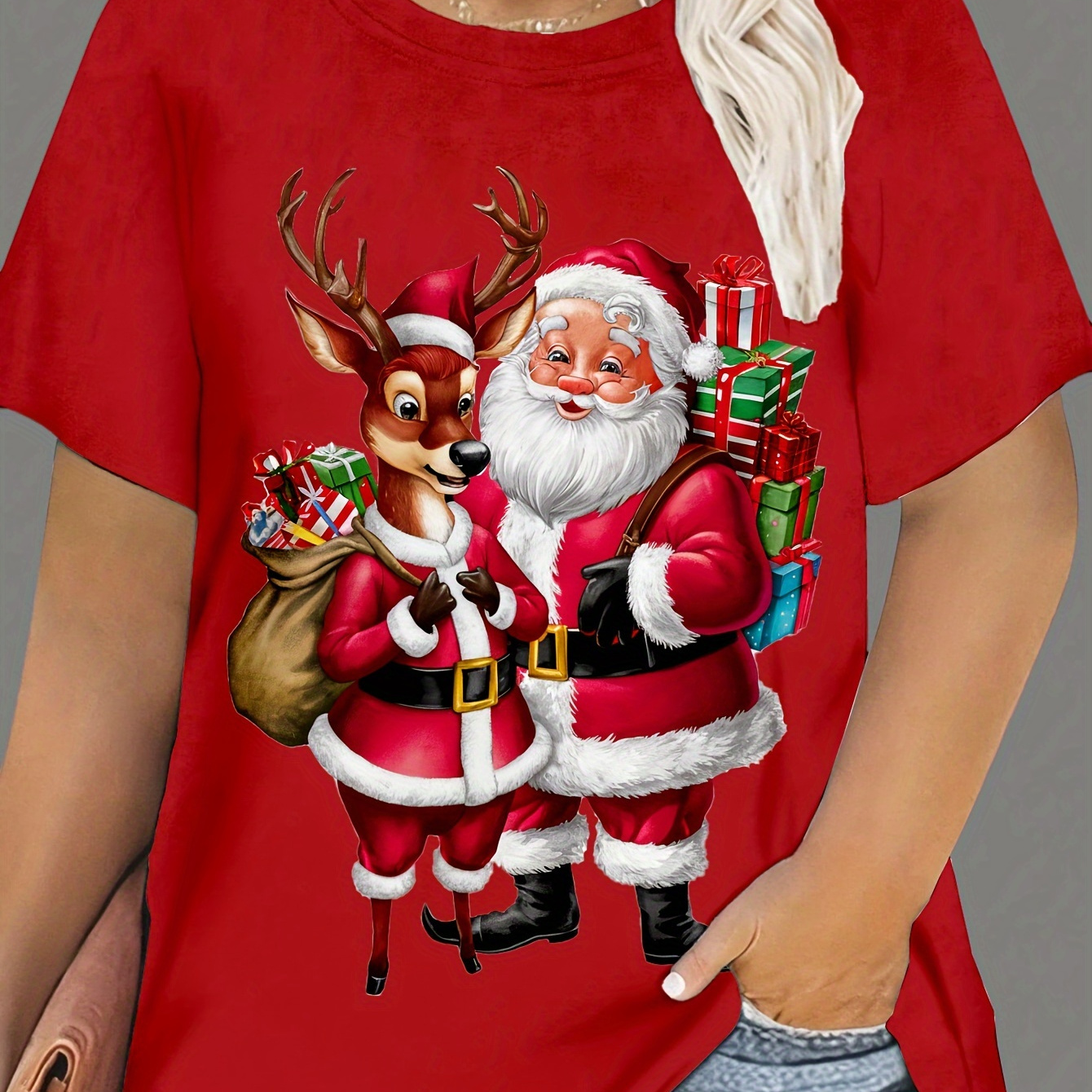 

Plus Size Santa And Reindeer Print Crew Neck T-shirt, Casual Short Sleeve T-shirt For Spring & Summer, Women's Plus Size Clothing