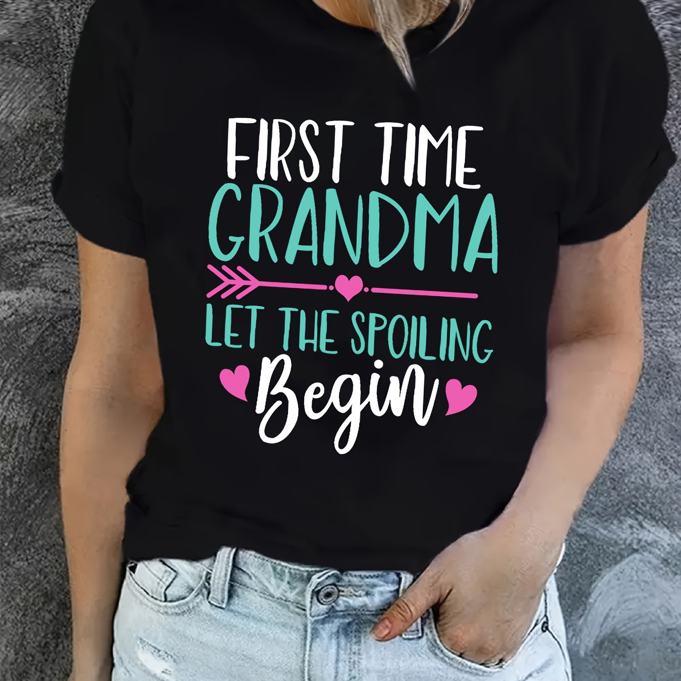 

Grandma & Heart Print T-shirt, Short Sleeve Crew Neck Casual Top For Summer & Spring, Women's Clothing