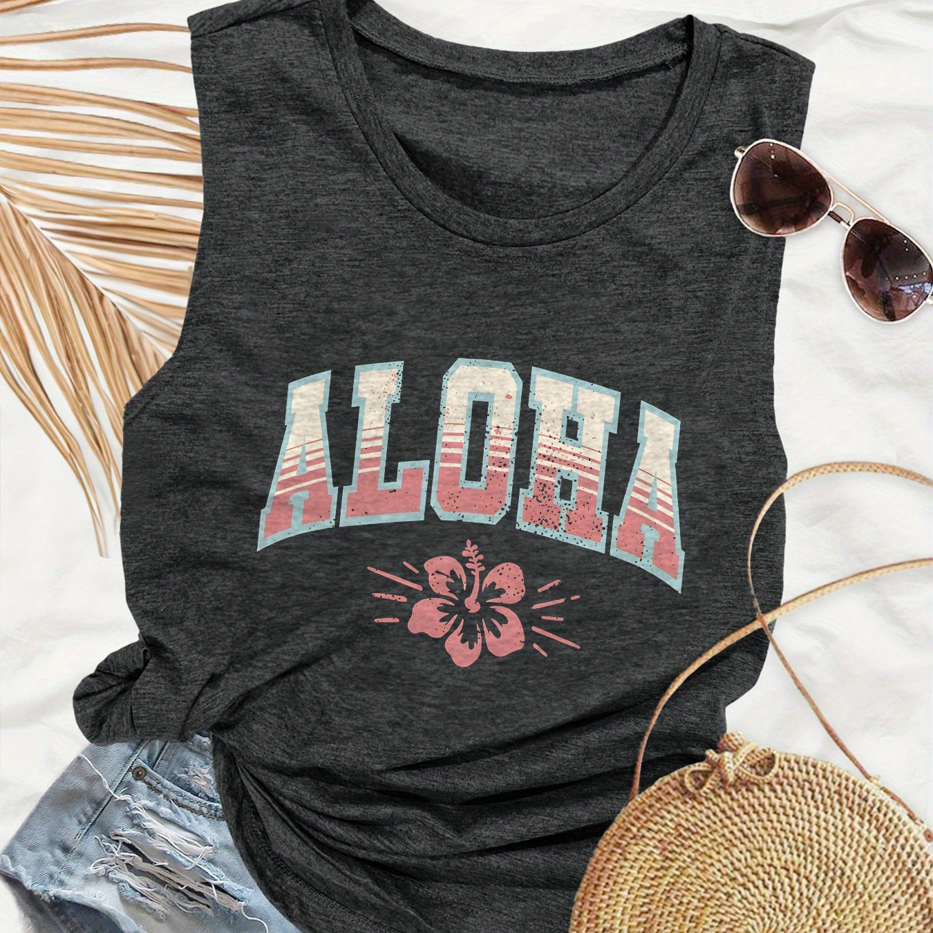 

Aloha Print Crew Neck Tank Top, Sleeveless Casual Top For Summer & Spring, Women's Clothing