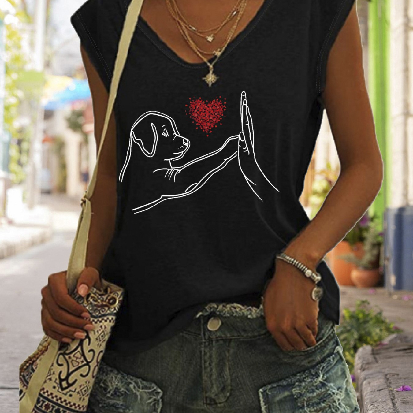 

Dog & Hand Print Tank Top, Cap Sleeve Casual Top For Summer & Spring, Women's Clothing