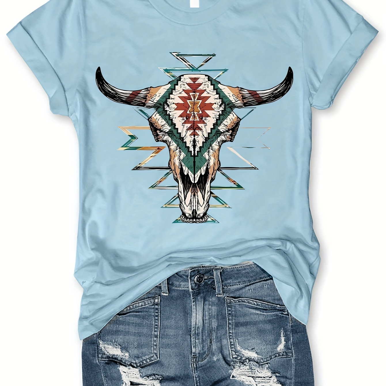 

Summer Essential, Cow Skull T-shirt, Short Sleeve Crew Neck Casual Top For Summer & Spring, Women's Clothing