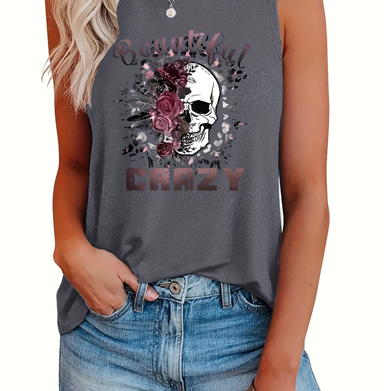 

Plus Size Crazy & Skull Print Tank Top, Casual Sleeveless Crew Neck Top For Summer & Spring, Women's Plus Size Clothing