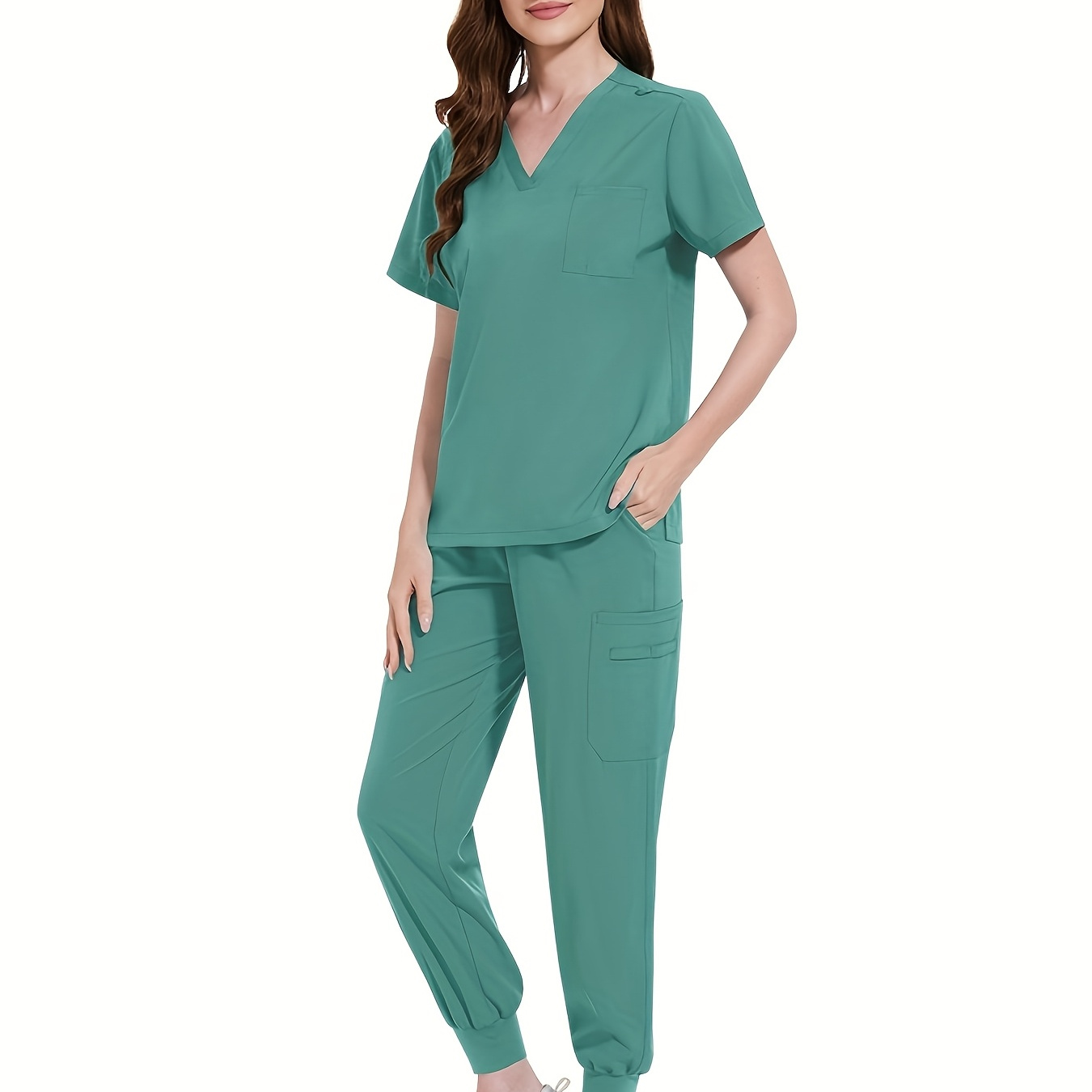 

High-end, Comfortable, And Breathable Women's Medical Work Uniform Set Featuring A Pocketed Stretchy V-neck Top And Ribbed Pants.