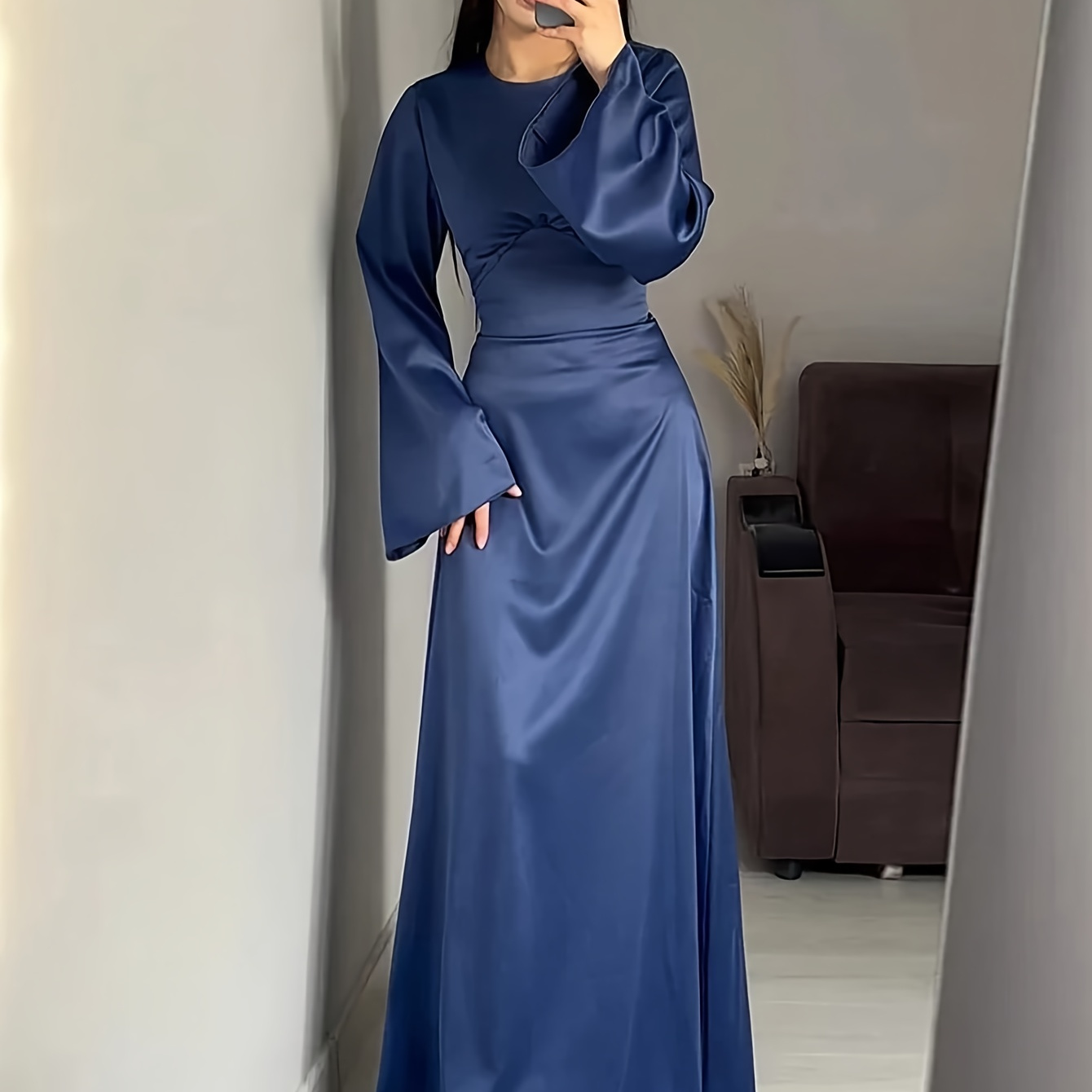 

Lace Up Crew Neck Maxi Dress, Elegant Long Sleeve Dress For Spring & Fall, Women's Clothing