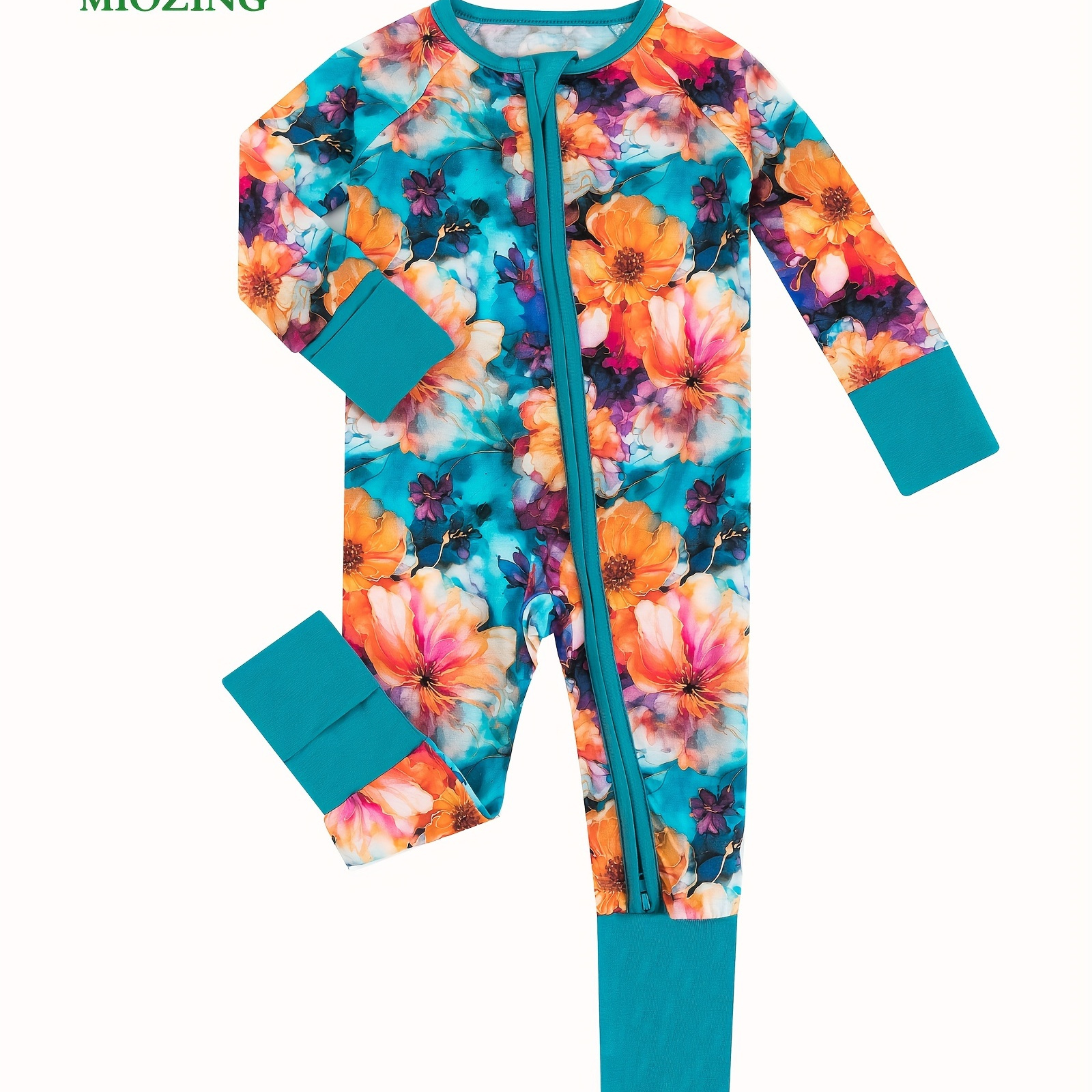 

Miozing Bamboo Fiber Bodysuit For Infants, Color Clash Flower Pattern Long Sleeve Onesie, Baby Girl's Clothing