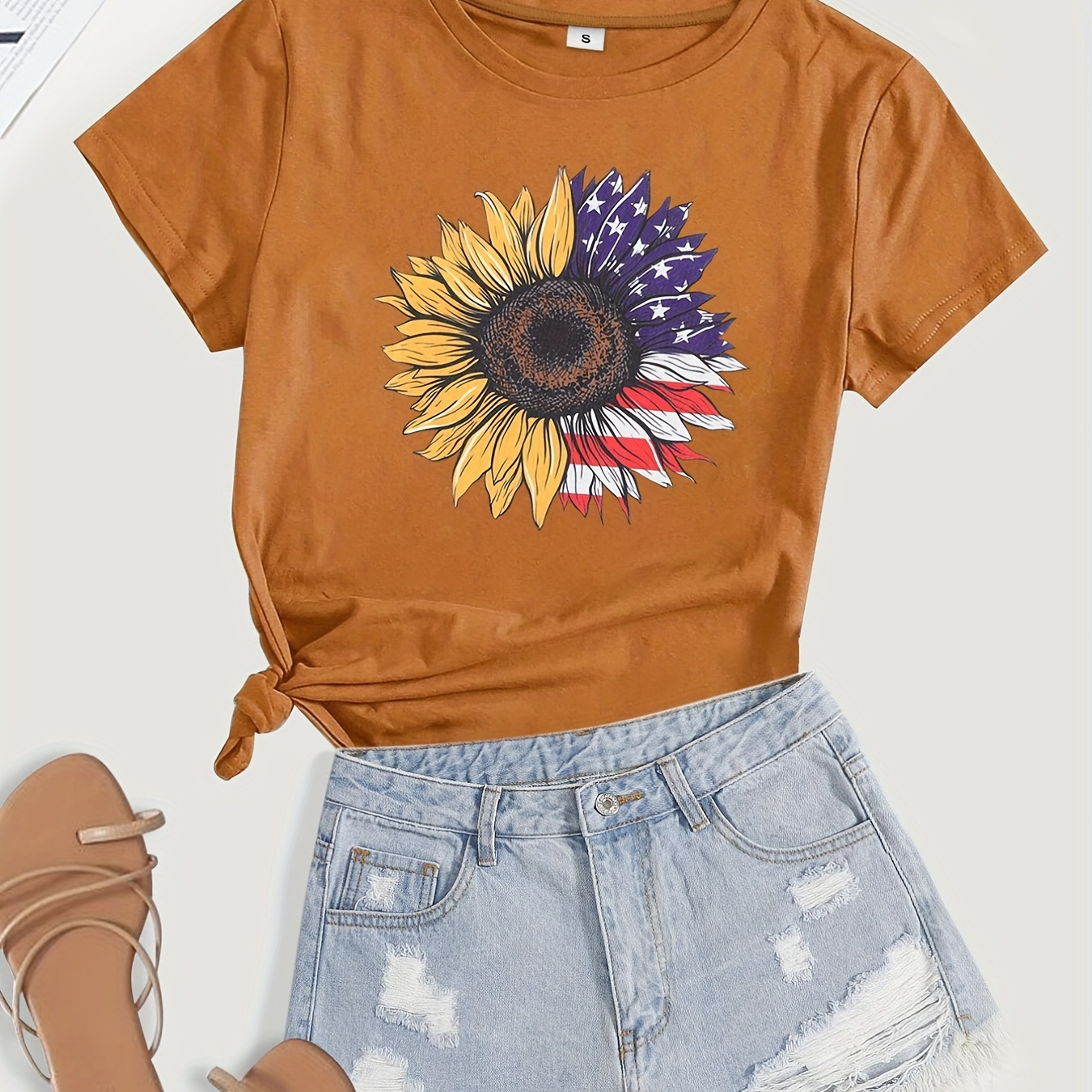 

Sunflower & Flag Print Crew Neck T-shirt, Casual Short Sleeve T-shirt For Spring & Summer, Women's Clothing