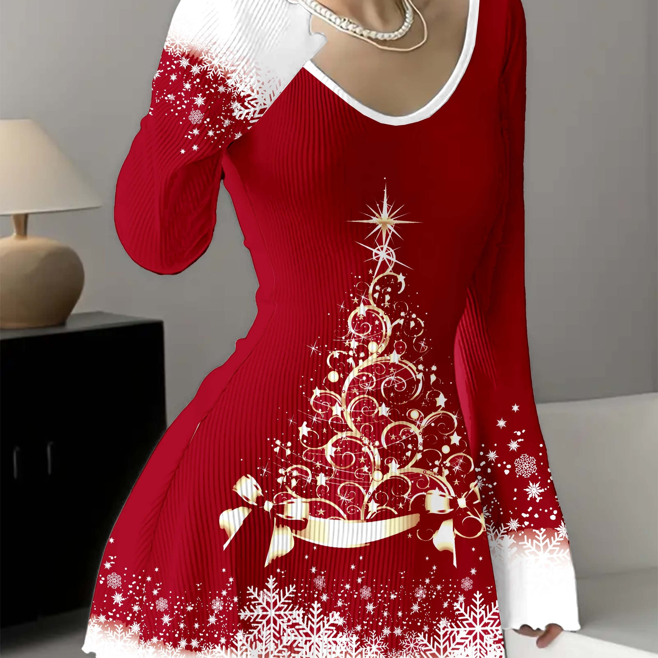 

Fit And Christmas V-, Long Sleeves, And Hem - Knit Adult A- Striped Texture, Bowknot Christmas Tree