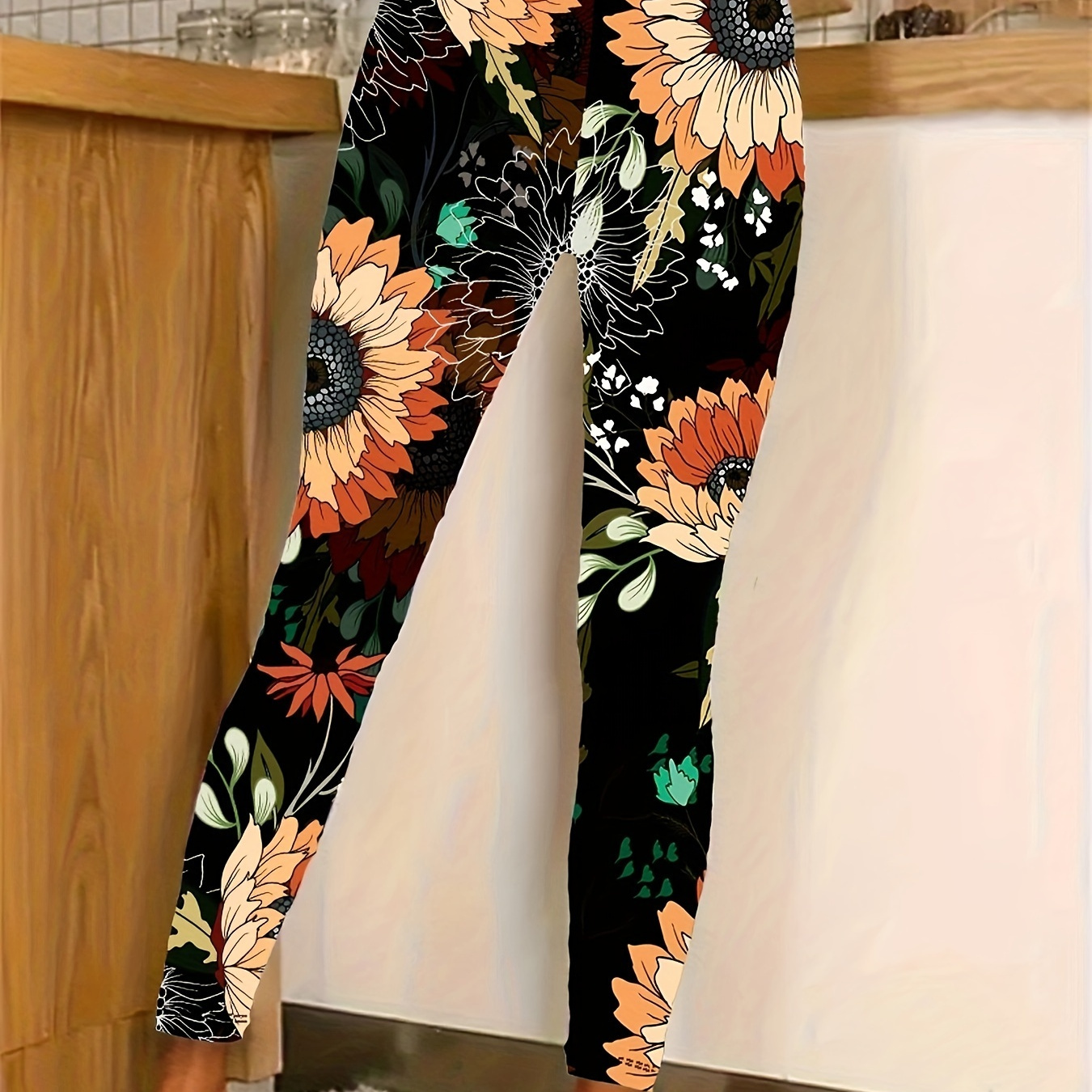 

Leggings skinny à imprimé tournesol grande taille, leggings extensibles décontractés à taille élastique pour le printemps et l'été, vêtements grande taille pour femmes