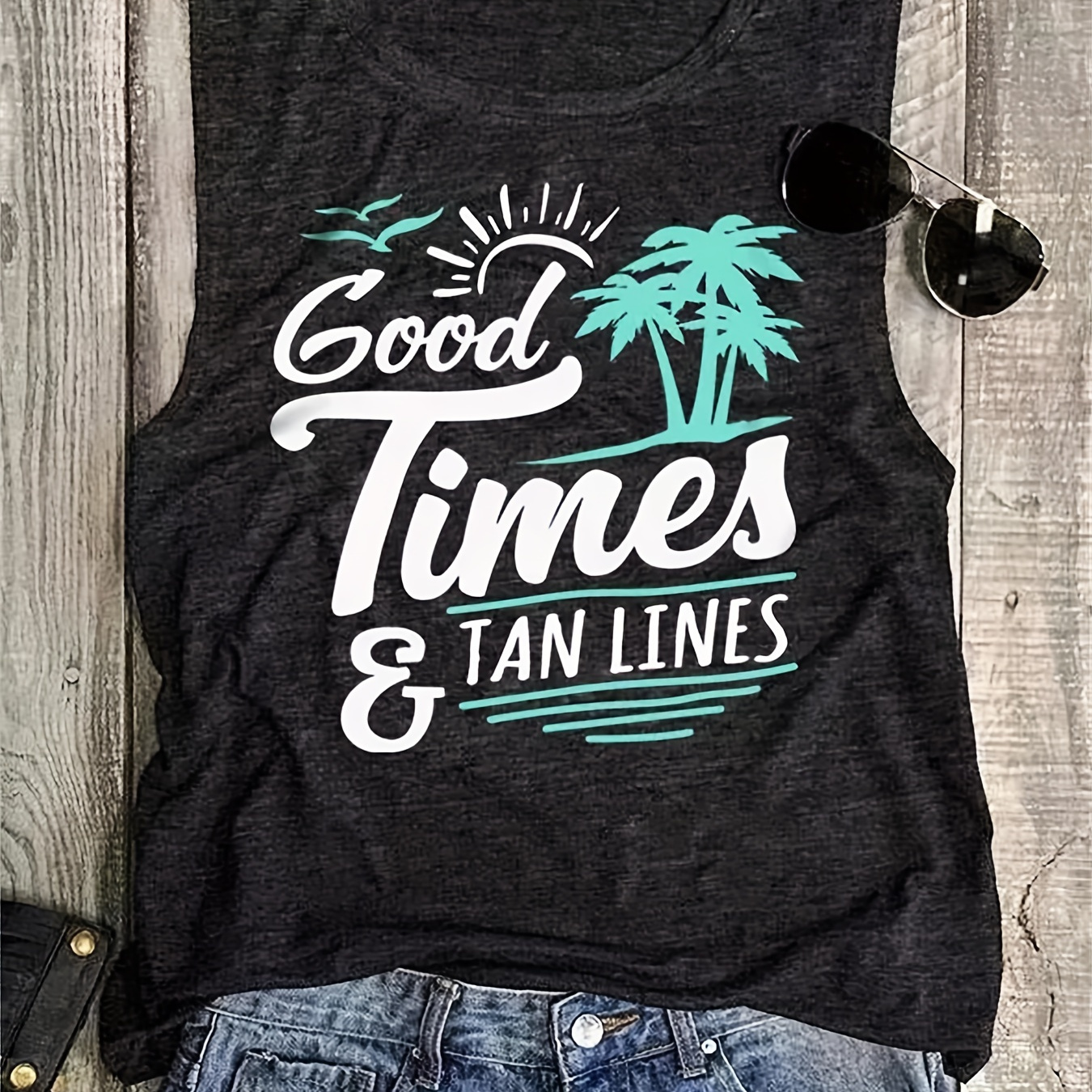 

Coconut Tree Print Tank Top, Sleeveless Crew Neck Tank Top, Casual Every Day Tops, Women's Clothing